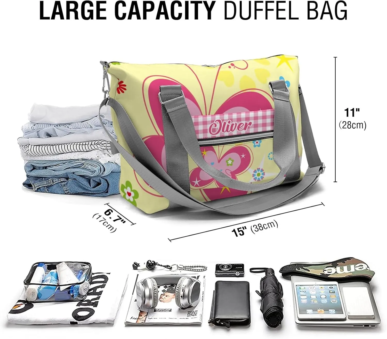 Personalized Gym Dance Bag for Girls Boys,Butterfly Pink Plaid Garden Custom Name Sport Duffel Bag Weekender Bags Carry On Travel Duffel Bag