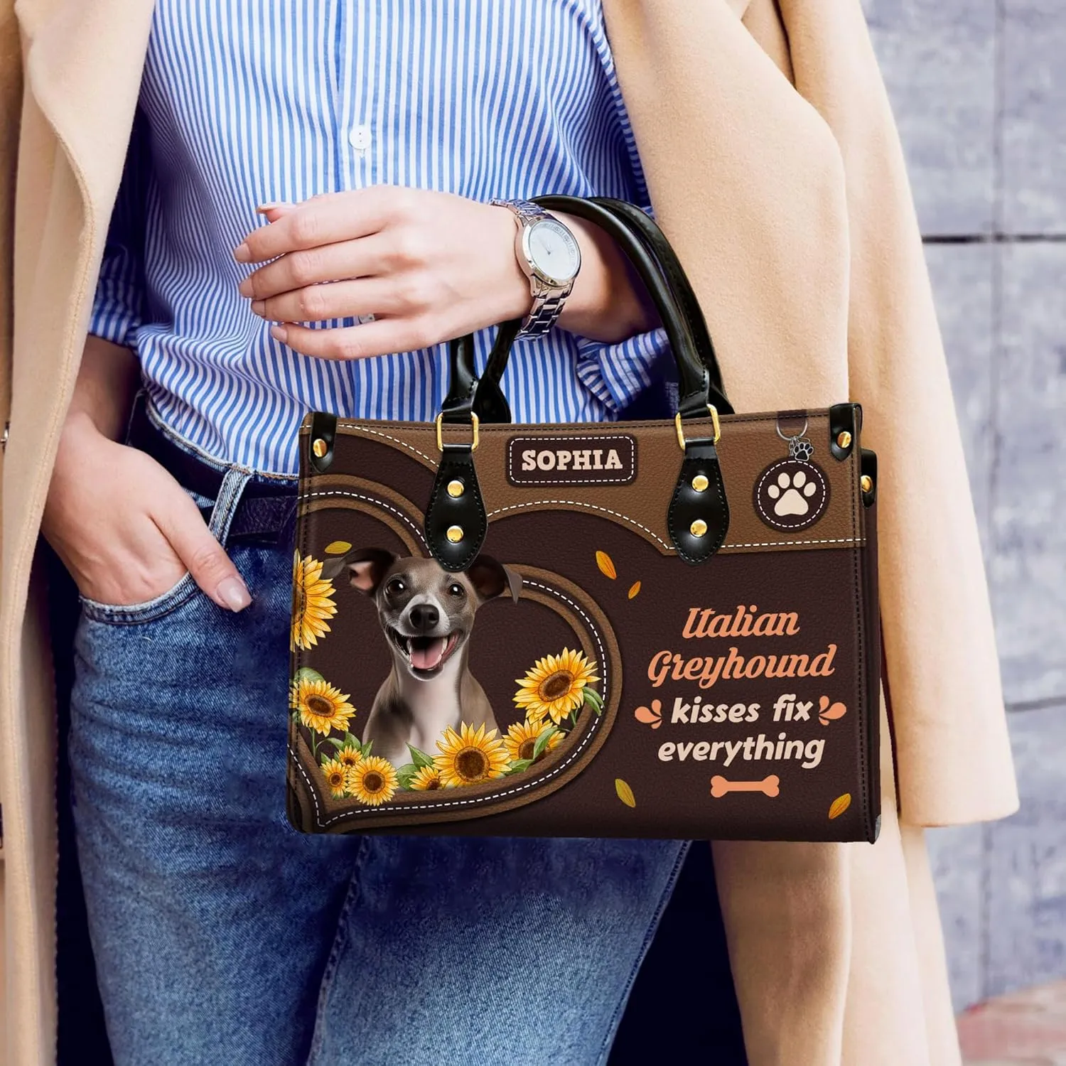 Personalized Italian Greyhound Dog Handbags, Custom Name Dog Leather Bags, Purses, Shoulder Bag, Gift For Dog Mom Dog Lover