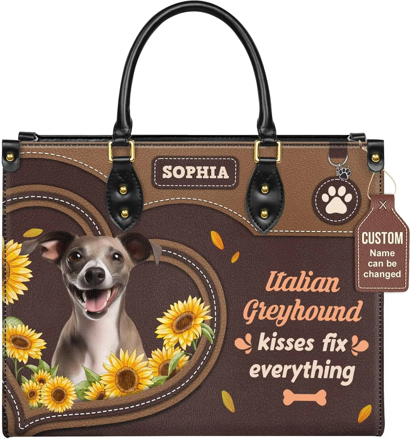 Personalized Italian Greyhound Dog Handbags, Custom Name Dog Leather Bags, Purses, Shoulder Bag, Gift For Dog Mom Dog Lover