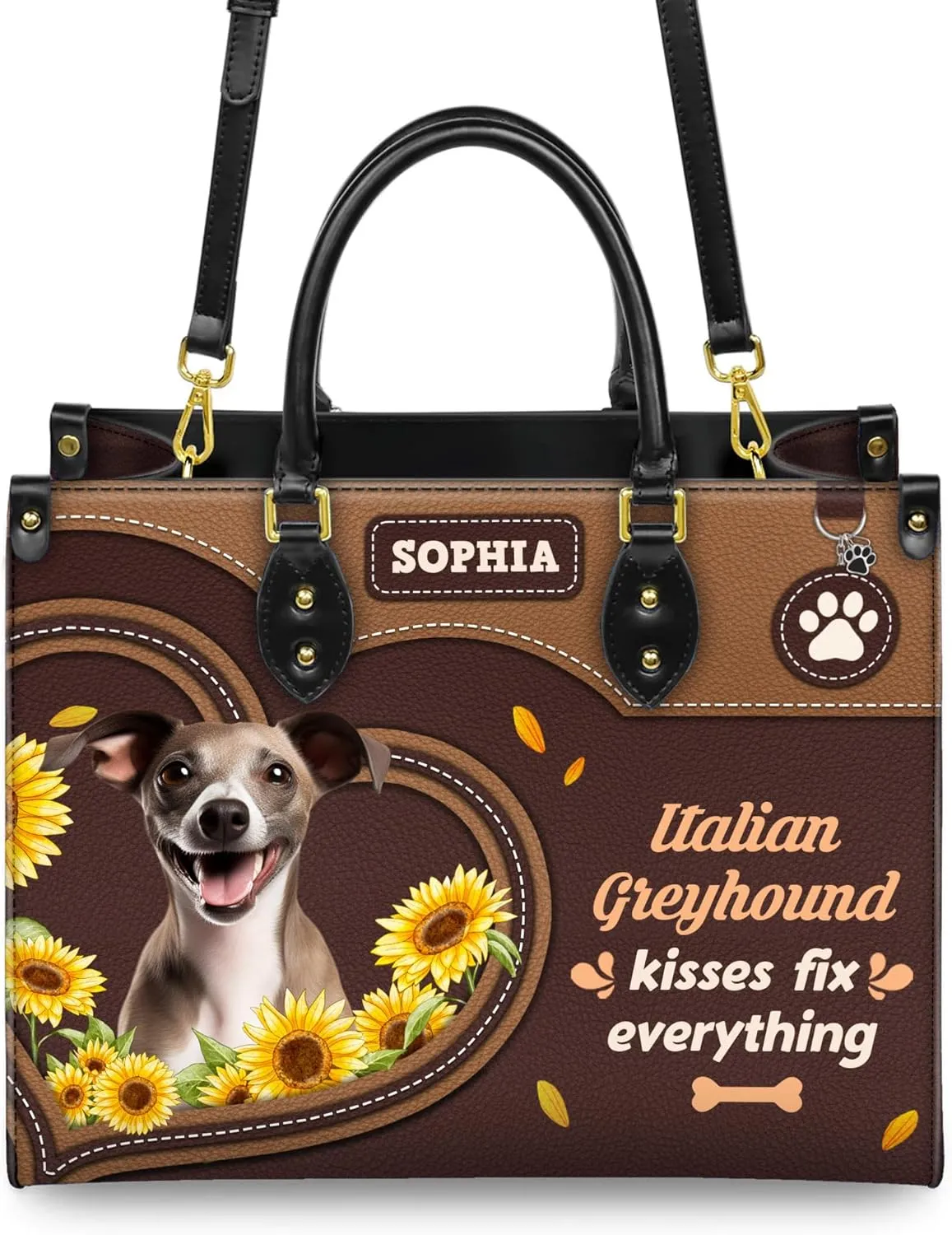Personalized Italian Greyhound Dog Handbags, Custom Name Dog Leather Bags, Purses, Shoulder Bag, Gift For Dog Mom Dog Lover