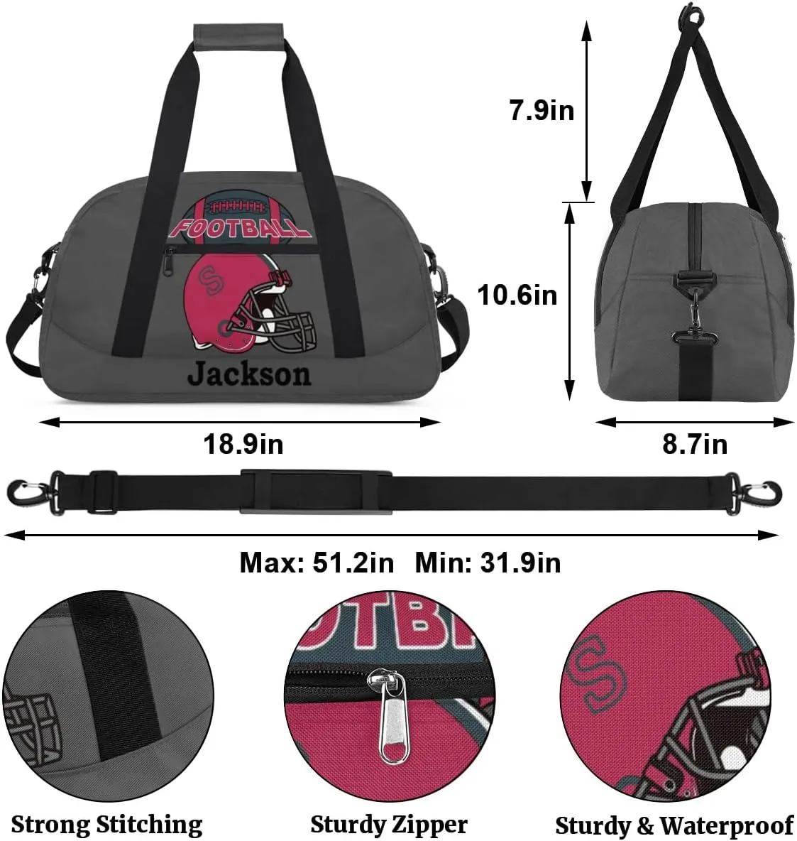 Personalized Kids Gym Bag, Custom Sport Duffel Bag for Boys - Overnight Weekender Bag Carry on Tote for Airplane Swim Travel - Dim Gray