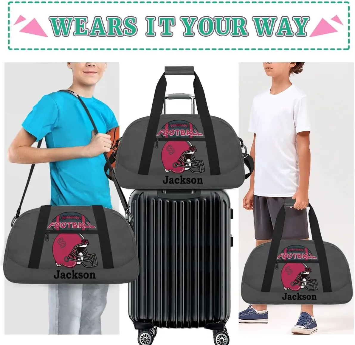 Personalized Kids Gym Bag, Custom Sport Duffel Bag for Boys - Overnight Weekender Bag Carry on Tote for Airplane Swim Travel - Dim Gray