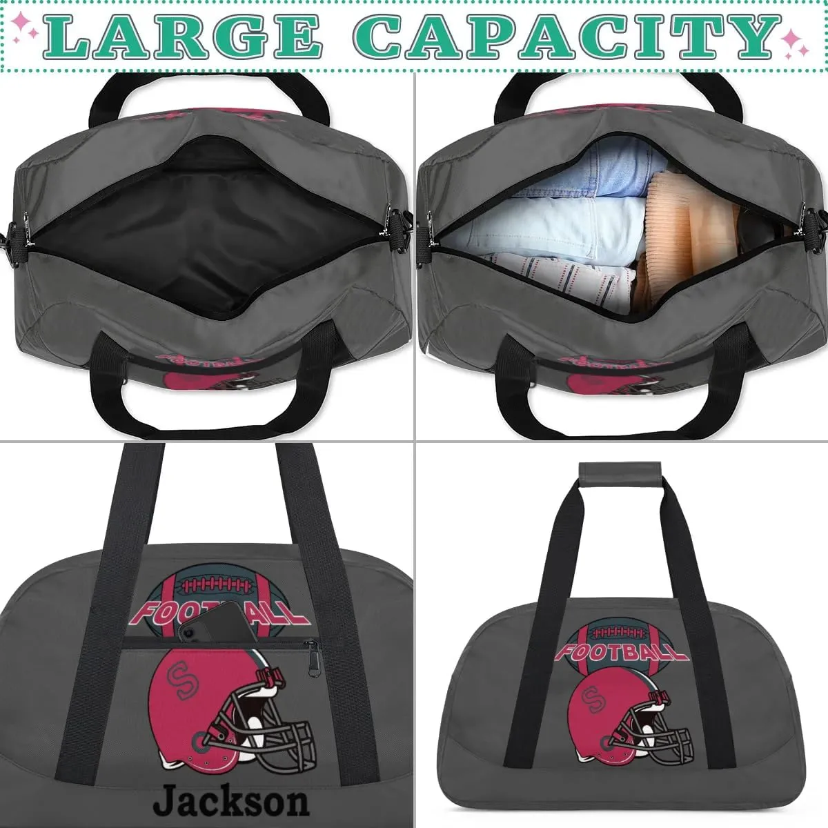 Personalized Kids Gym Bag, Custom Sport Duffel Bag for Boys - Overnight Weekender Bag Carry on Tote for Airplane Swim Travel - Dim Gray