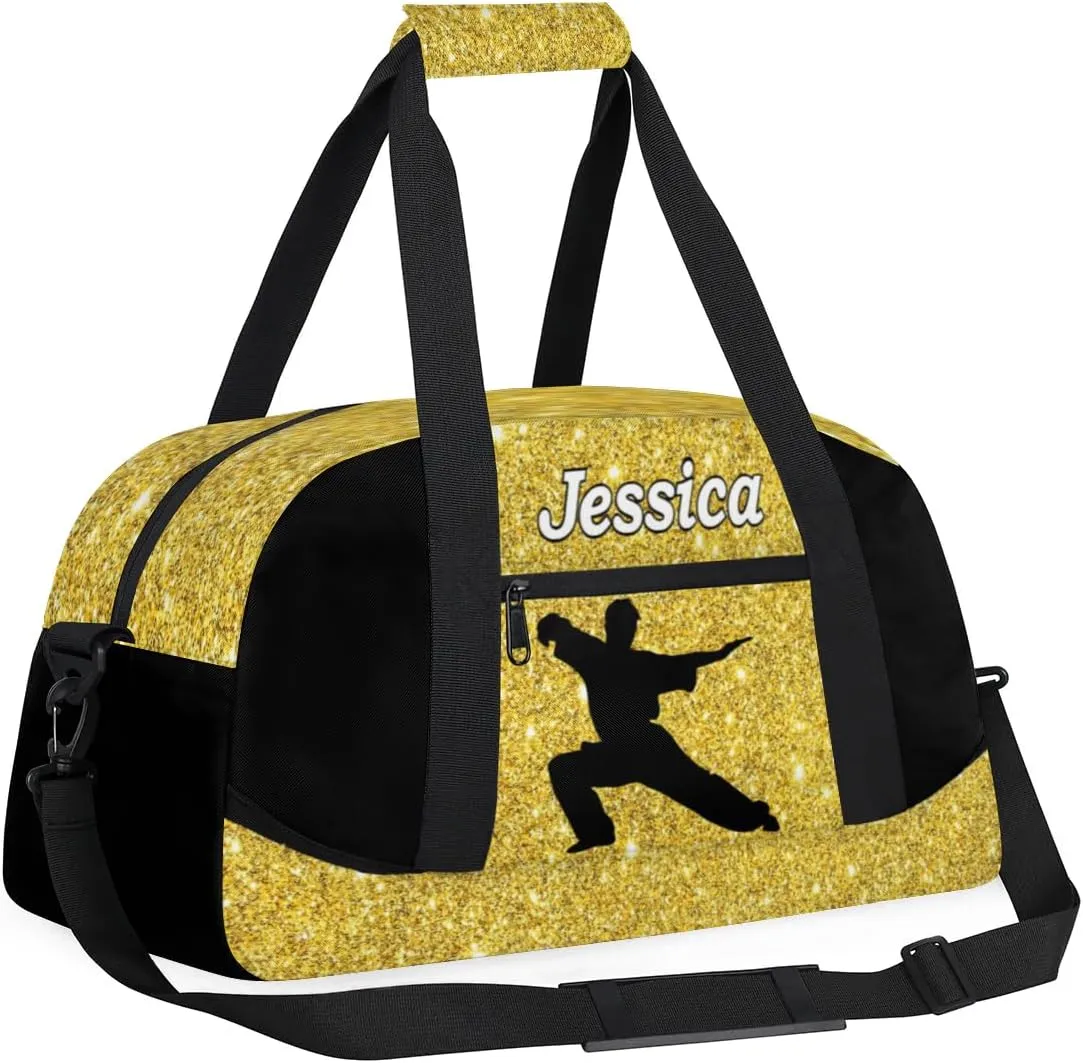 Personalized Kids Gym Bag, Custom Sport Duffel Bag for Boys - Overnight Weekender Bag Carry on Tote for Airplane Swim Travel - Taekwondo Glitter Gold