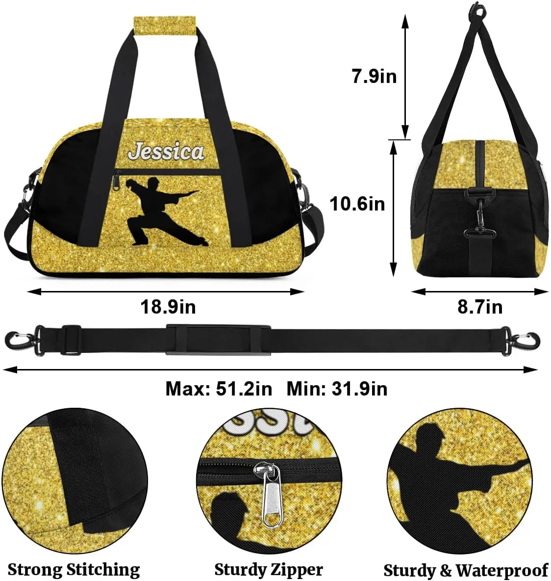 Personalized Kids Gym Bag, Custom Sport Duffel Bag for Boys - Overnight Weekender Bag Carry on Tote for Airplane Swim Travel - Taekwondo Glitter Gold