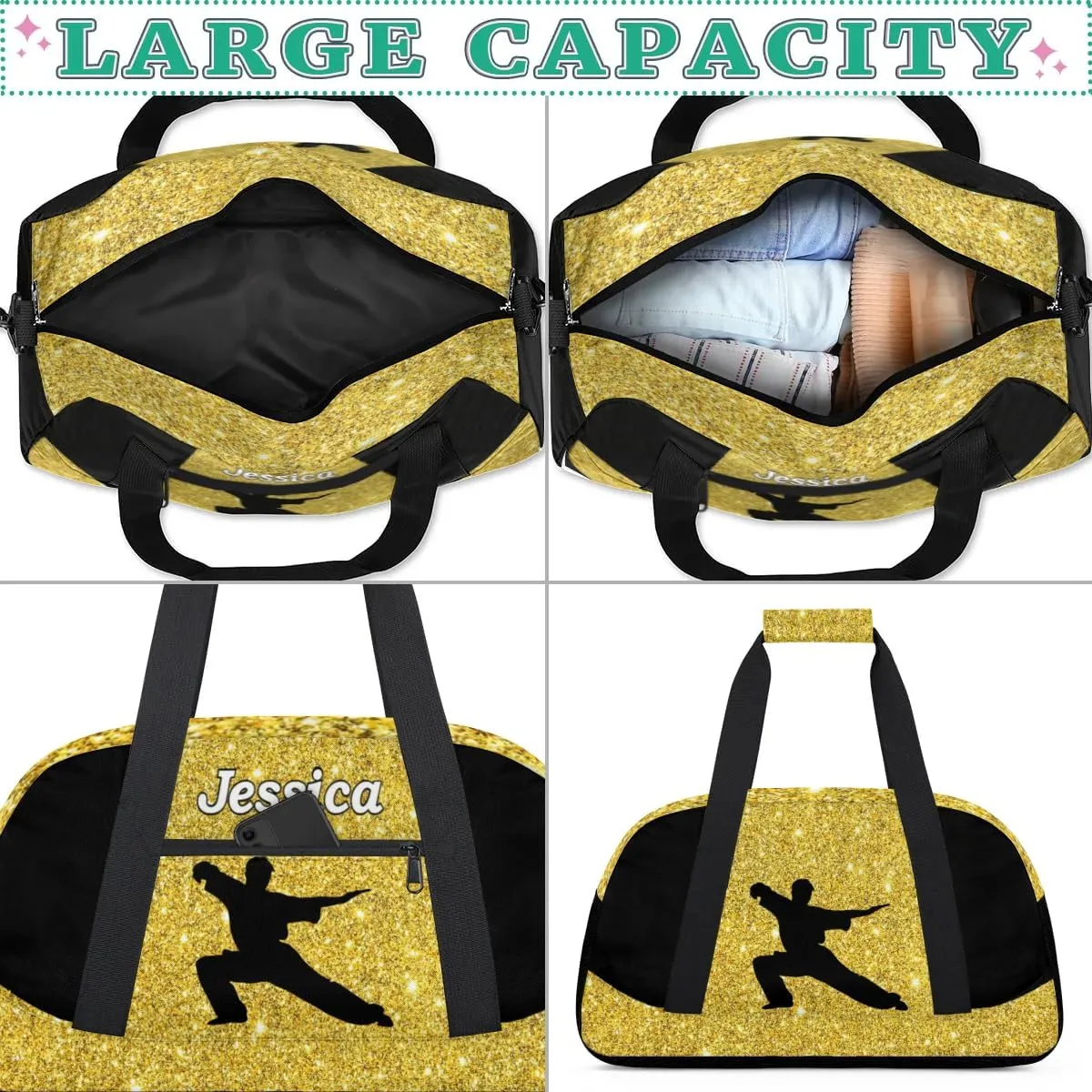 Personalized Kids Gym Bag, Custom Sport Duffel Bag for Boys - Overnight Weekender Bag Carry on Tote for Airplane Swim Travel - Taekwondo Glitter Gold