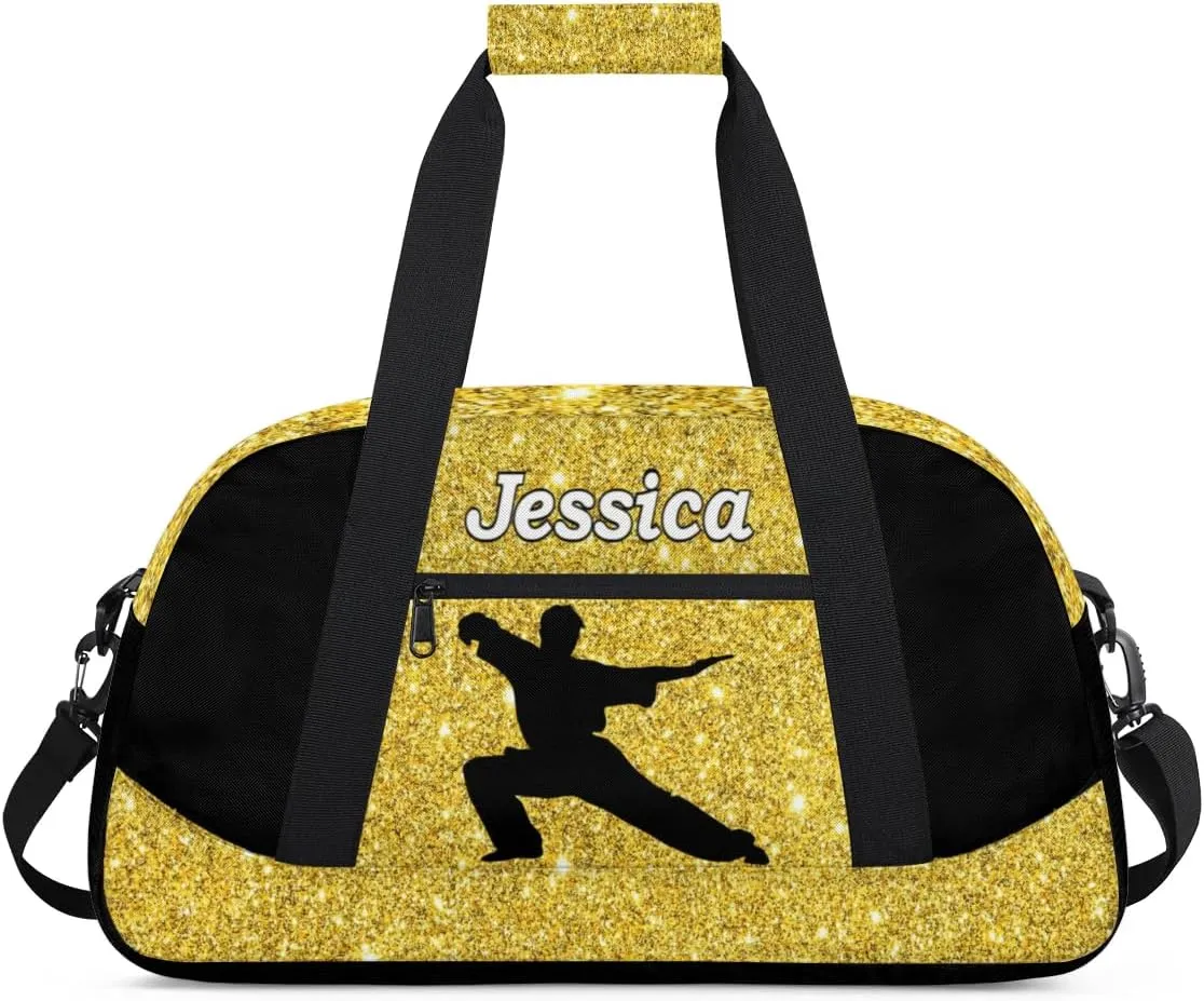 Personalized Kids Gym Bag, Custom Sport Duffel Bag for Boys - Overnight Weekender Bag Carry on Tote for Airplane Swim Travel - Taekwondo Glitter Gold