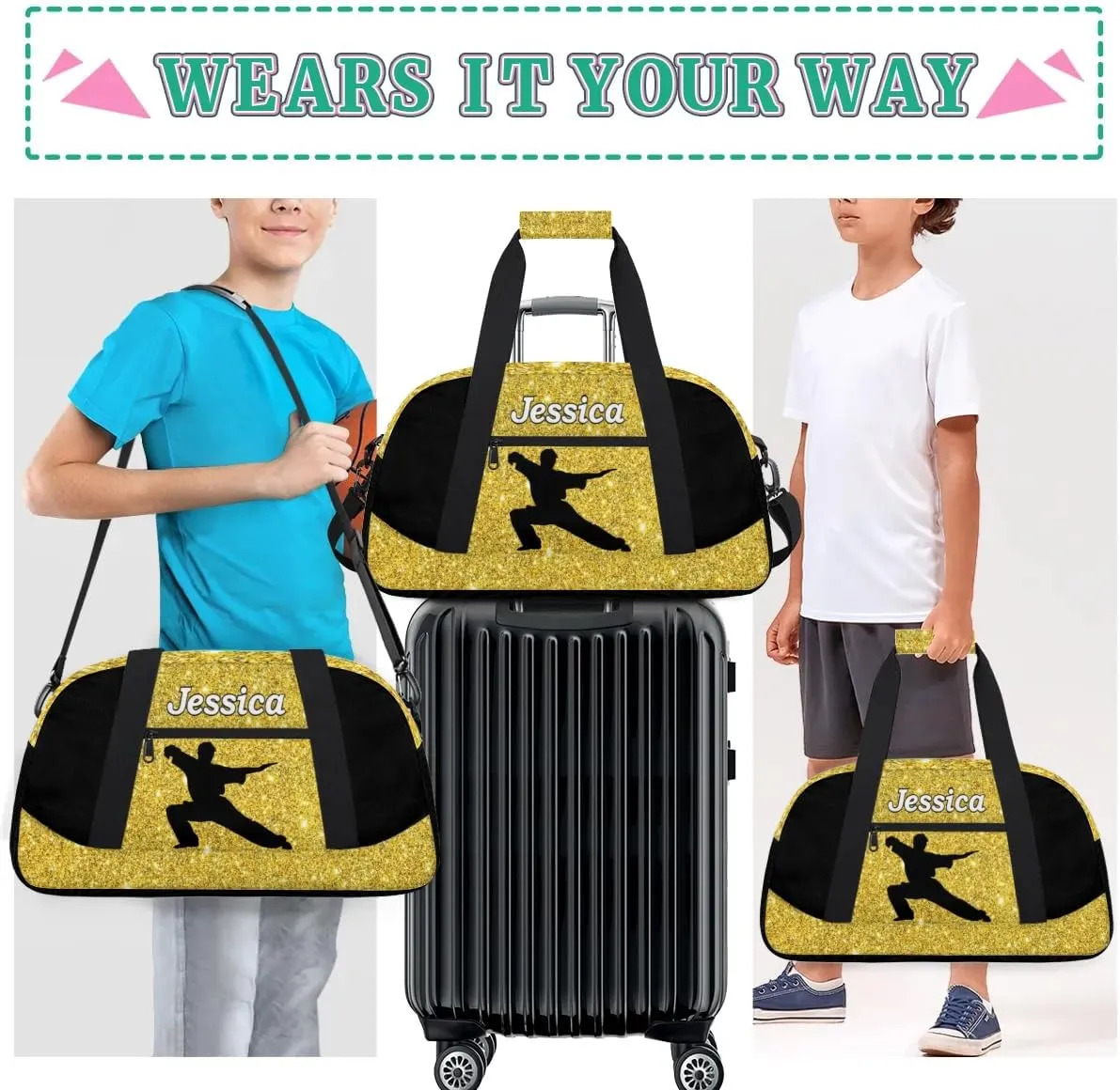 Personalized Kids Gym Bag, Custom Sport Duffel Bag for Boys - Overnight Weekender Bag Carry on Tote for Airplane Swim Travel - Taekwondo Glitter Gold