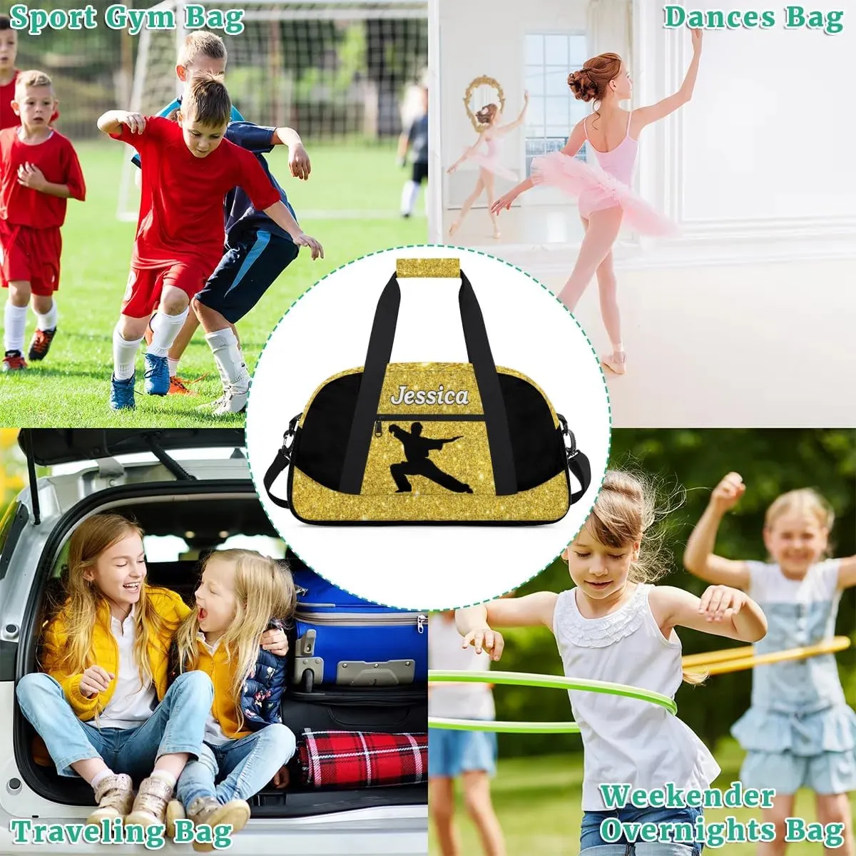 Personalized Kids Gym Bag, Custom Sport Duffel Bag for Boys - Overnight Weekender Bag Carry on Tote for Airplane Swim Travel - Taekwondo Glitter Gold