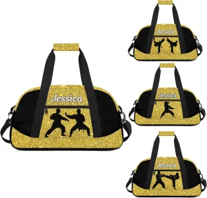 Personalized Kids Gym Bag, Custom Sport Duffel Bag for Boys - Overnight Weekender Bag Carry on Tote for Airplane Swim Travel - Taekwondo Glitter Gold