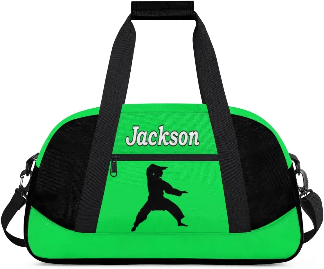 Personalized Kids Gym Bag, Custom Sport Duffel Bag for Boys - Overnight Weekender Bag Carry on Tote for Airplane Swim Travel - Taekwondo Green