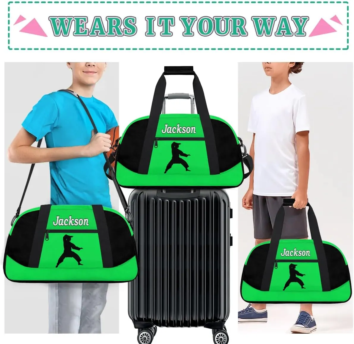 Personalized Kids Gym Bag, Custom Sport Duffel Bag for Boys - Overnight Weekender Bag Carry on Tote for Airplane Swim Travel - Taekwondo Green