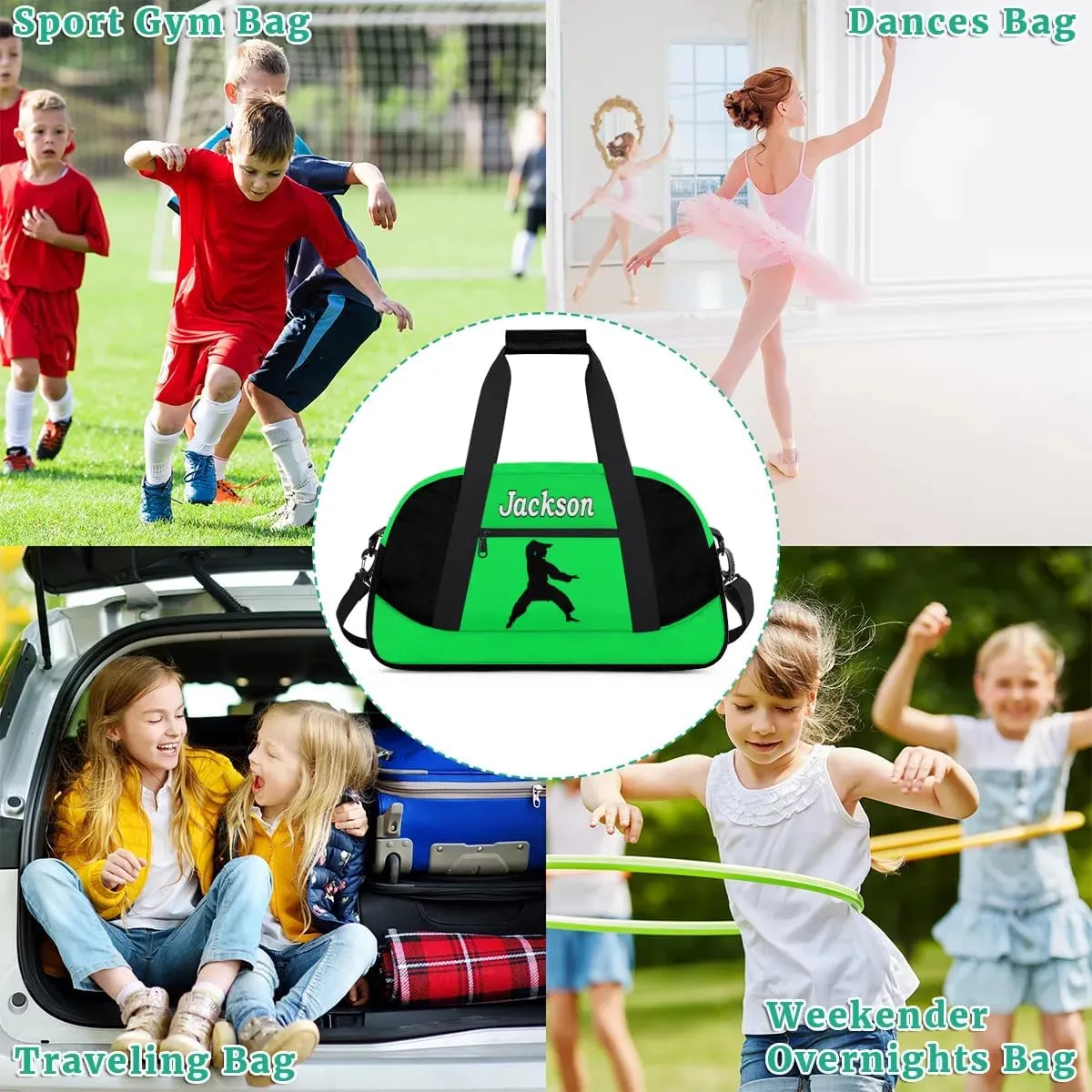 Personalized Kids Gym Bag, Custom Sport Duffel Bag for Boys - Overnight Weekender Bag Carry on Tote for Airplane Swim Travel - Taekwondo Green