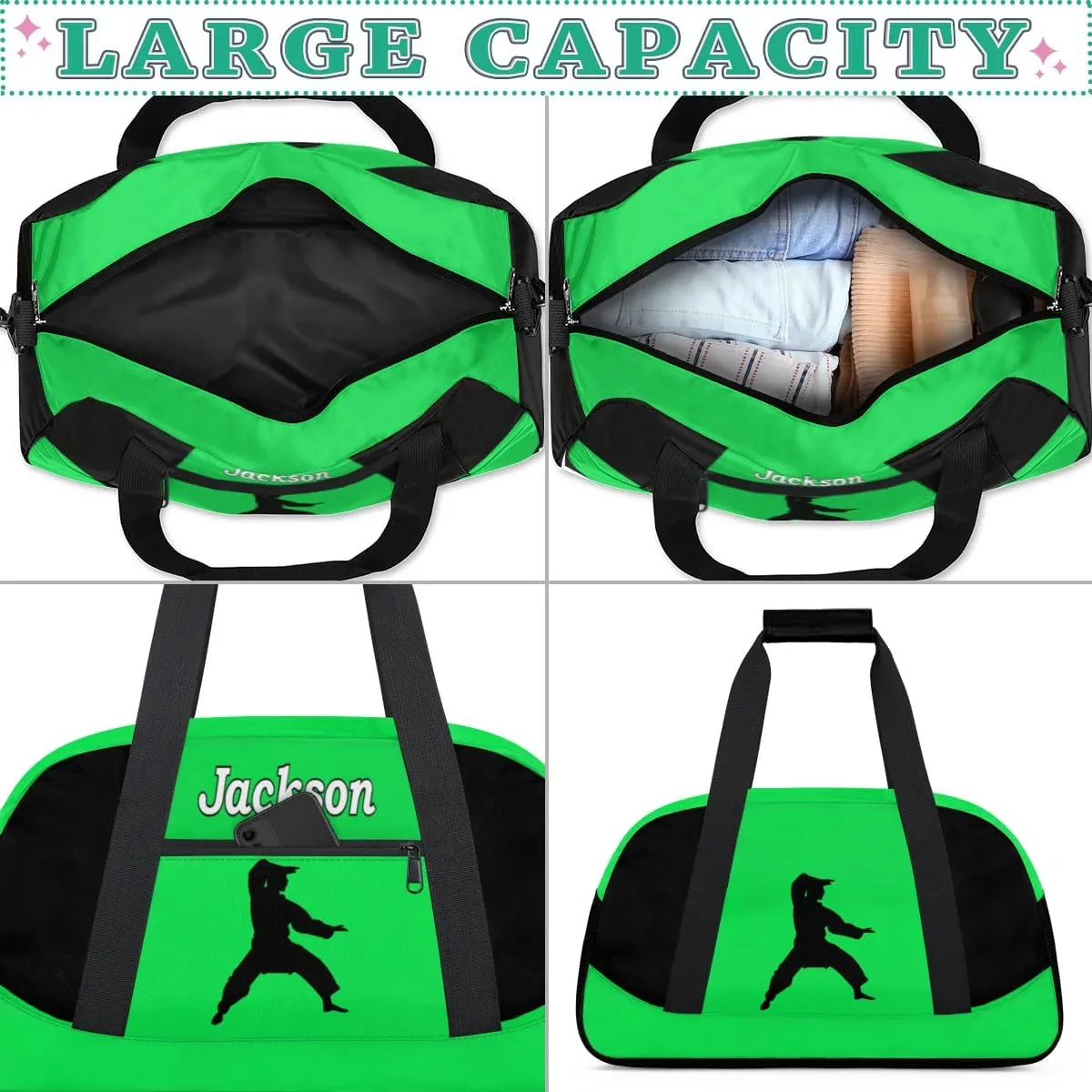 Personalized Kids Gym Bag, Custom Sport Duffel Bag for Boys - Overnight Weekender Bag Carry on Tote for Airplane Swim Travel - Taekwondo Green