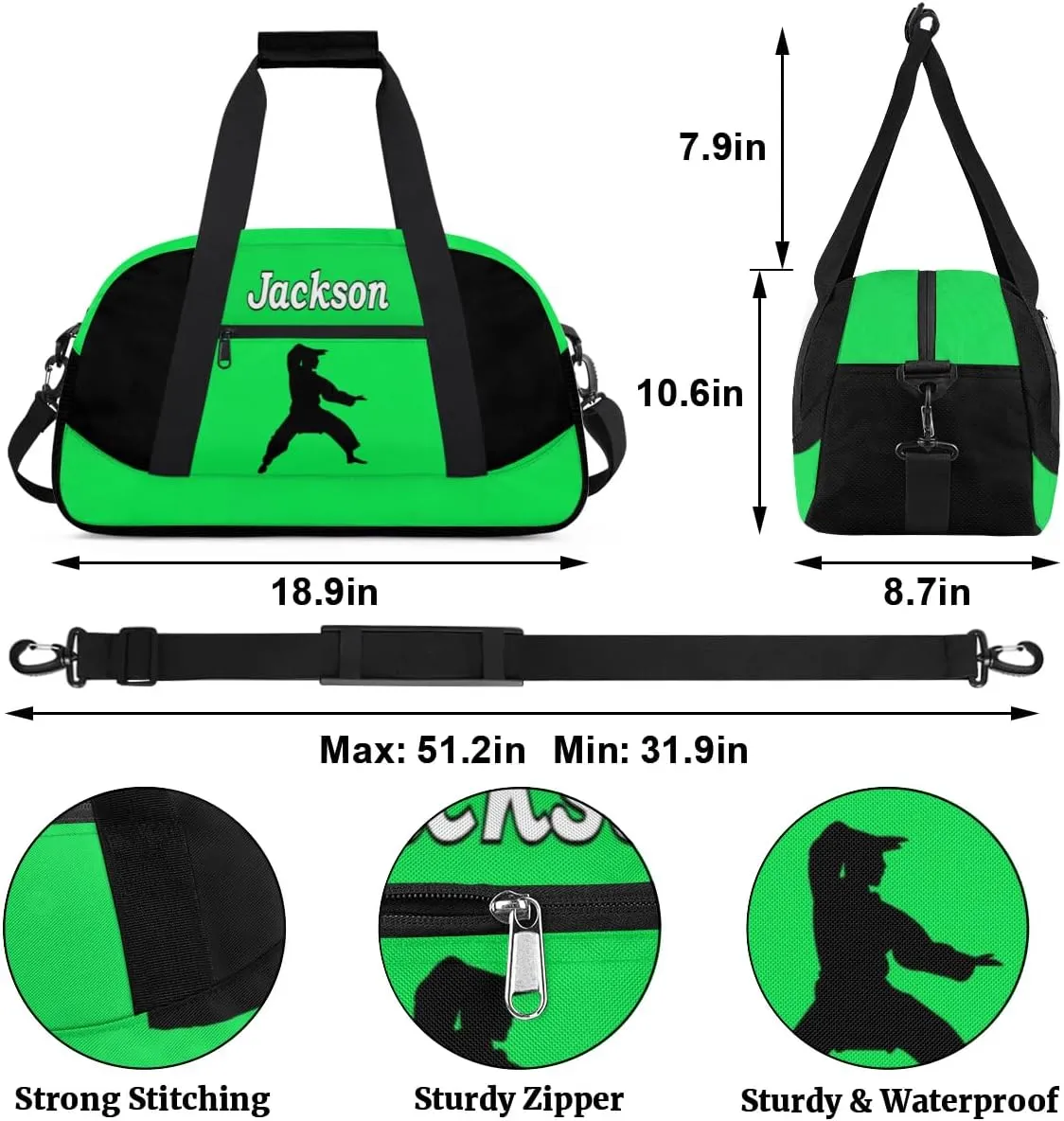 Personalized Kids Gym Bag, Custom Sport Duffel Bag for Boys - Overnight Weekender Bag Carry on Tote for Airplane Swim Travel - Taekwondo Green