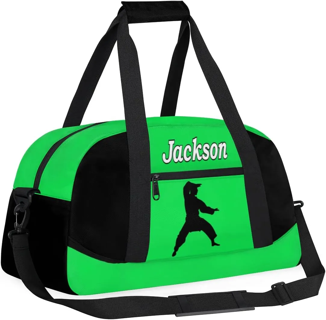 Personalized Kids Gym Bag, Custom Sport Duffel Bag for Boys - Overnight Weekender Bag Carry on Tote for Airplane Swim Travel - Taekwondo Green