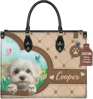 Personalized Maltese Dog Handbags, Custom Name Dog Leather Bags, Purses, Shoulder Bag, Gift For Dog Mom Dog Lover