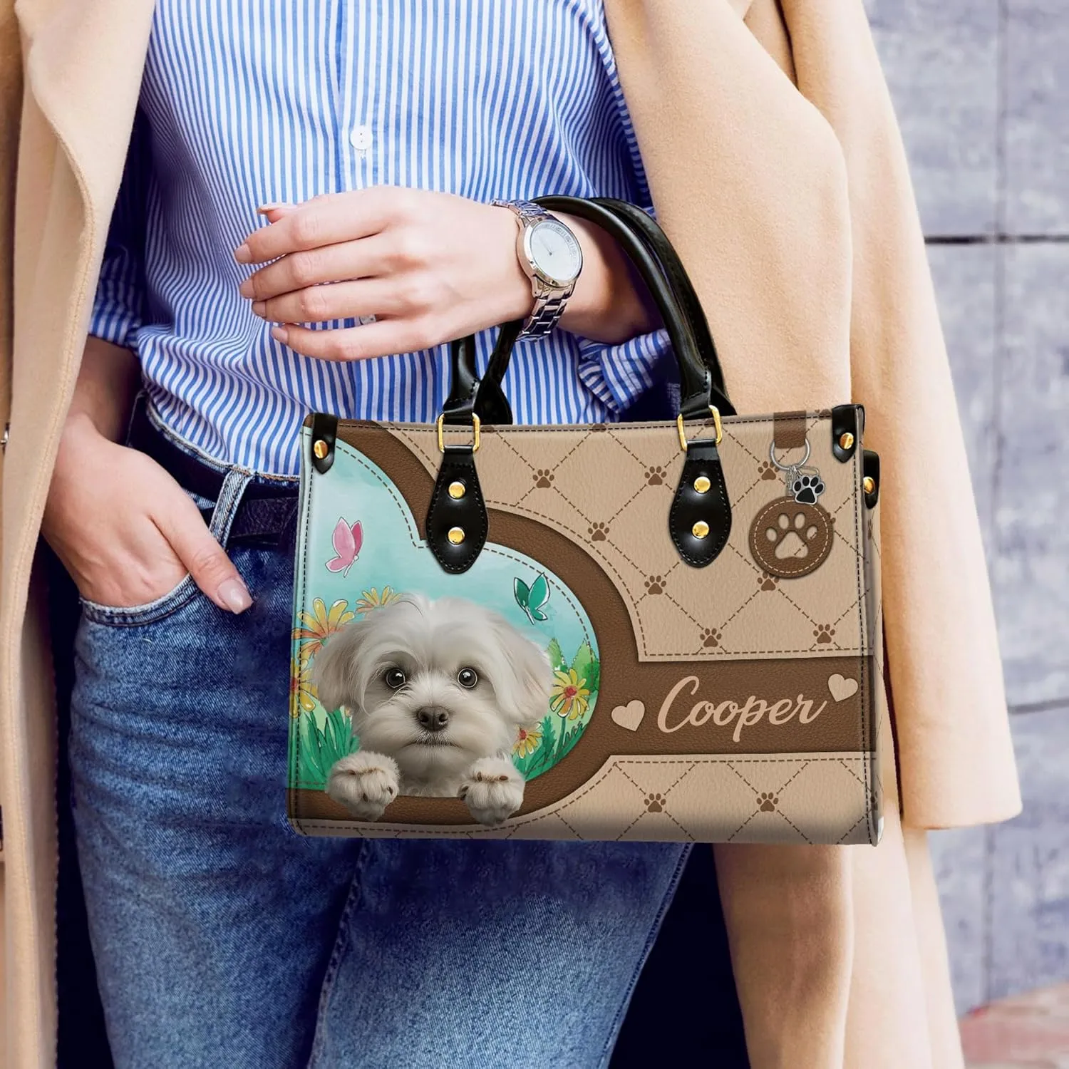 Personalized Maltese Dog Handbags, Custom Name Dog Leather Bags, Purses, Shoulder Bag, Gift For Dog Mom Dog Lover