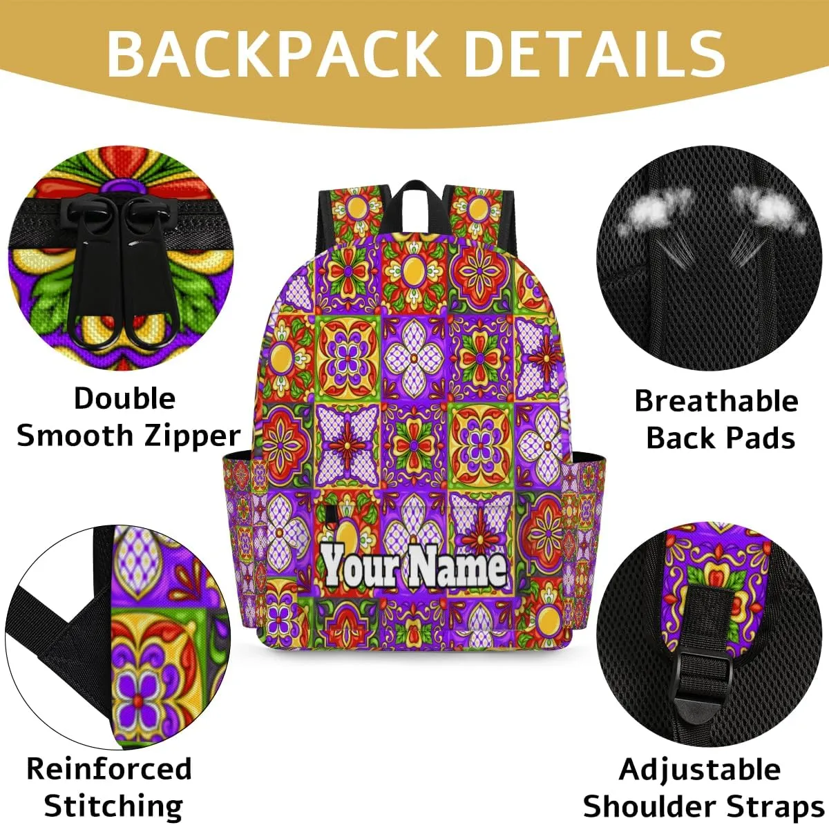 Personalized Mexican Talavera Preschool Toddler Backpack for Boys Girls Custom Kids Name Small Bookbags Kindergarten Elementary Backpack, Vintage Flower