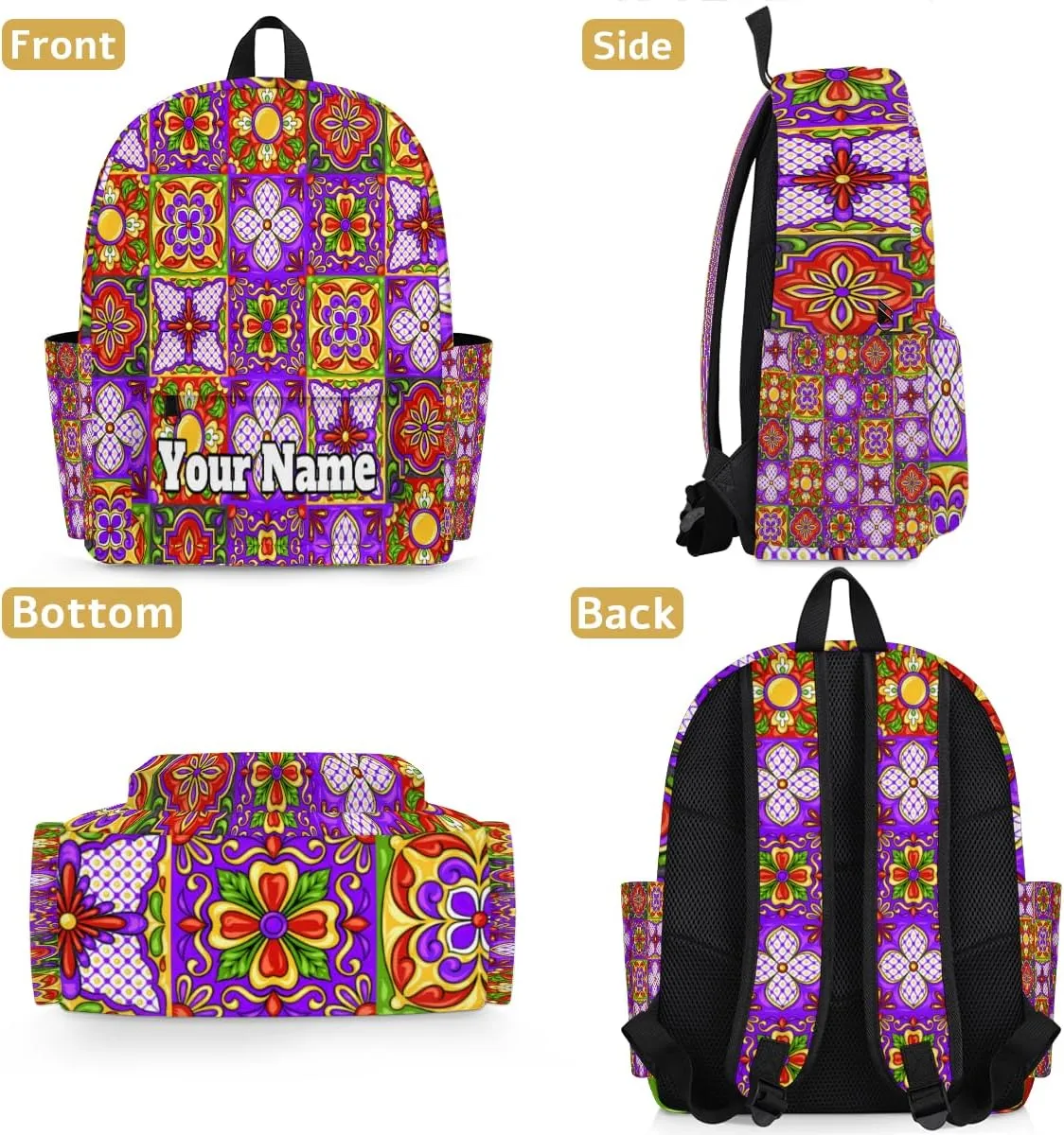 Personalized Mexican Talavera Preschool Toddler Backpack for Boys Girls Custom Kids Name Small Bookbags Kindergarten Elementary Backpack, Vintage Flower