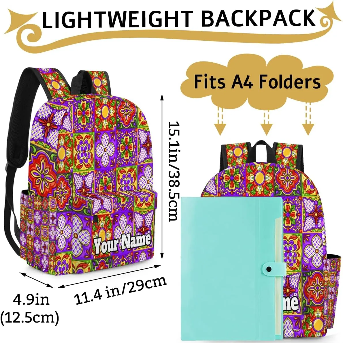 Personalized Mexican Talavera Preschool Toddler Backpack for Boys Girls Custom Kids Name Small Bookbags Kindergarten Elementary Backpack, Vintage Flower