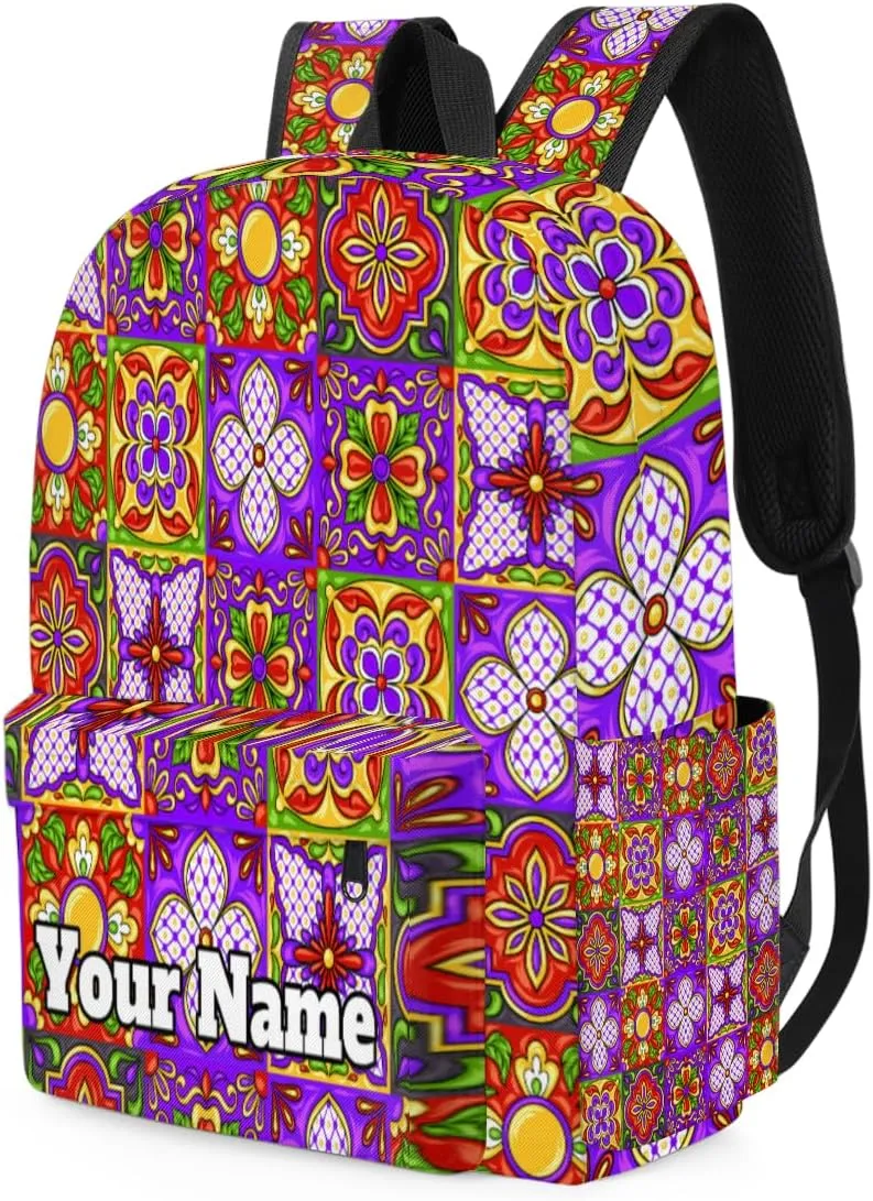 Personalized Mexican Talavera Preschool Toddler Backpack for Boys Girls Custom Kids Name Small Bookbags Kindergarten Elementary Backpack, Vintage Flower