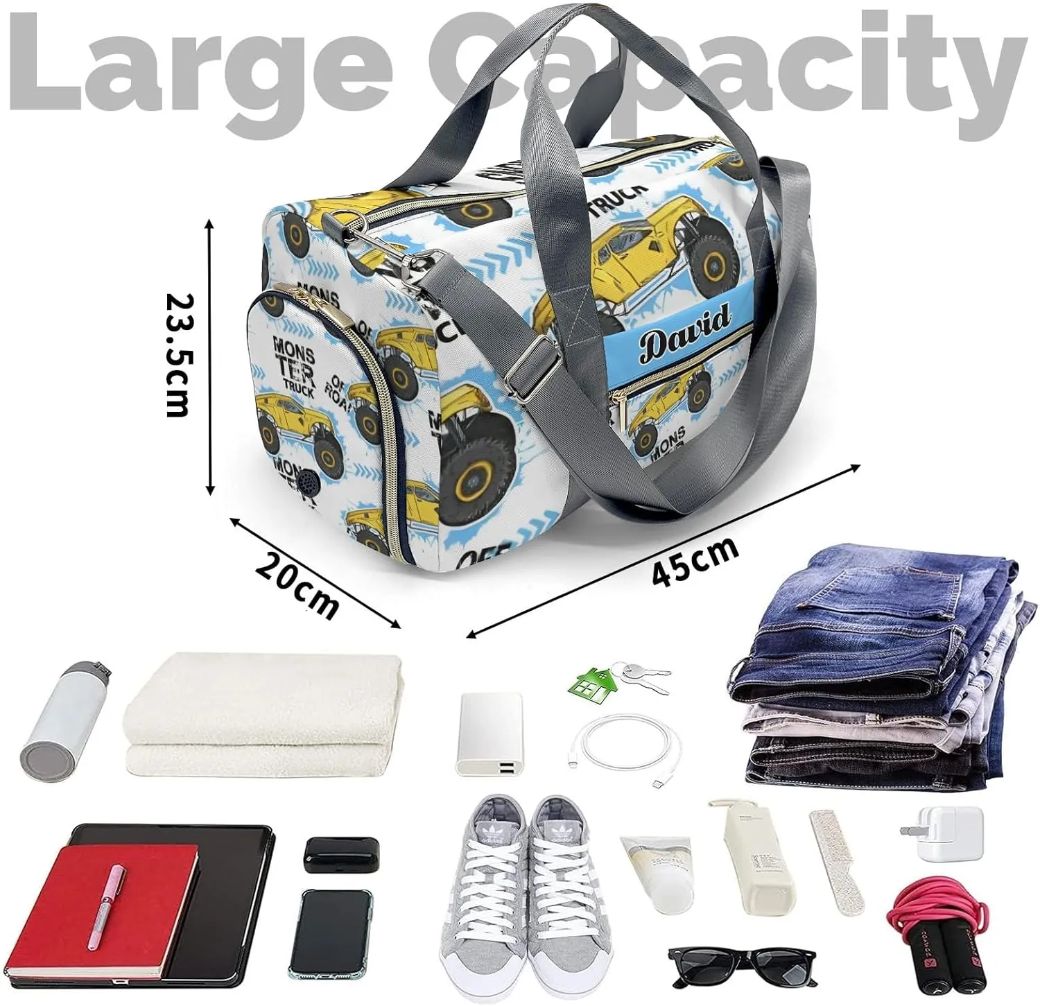 Personalized Monster Truck Yellow Dance Bag Girls Yoga Bag Dance Bag With Name,Patch Travel Duffel Bag Women Cheerleader Bag Sport Duffle Bag for Gym Ballet