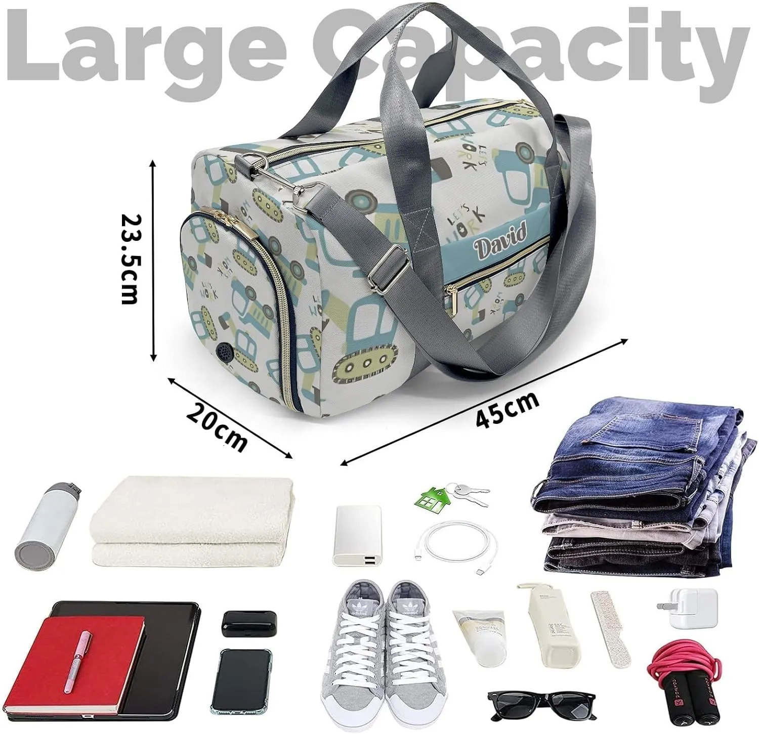 Personalized MultiFunction Cartoon Work Bulldozer Truck Sport Dance Bag,Custom Duffle Bag Gym Bag Customized Travel Duffel Bag with Name or Text
