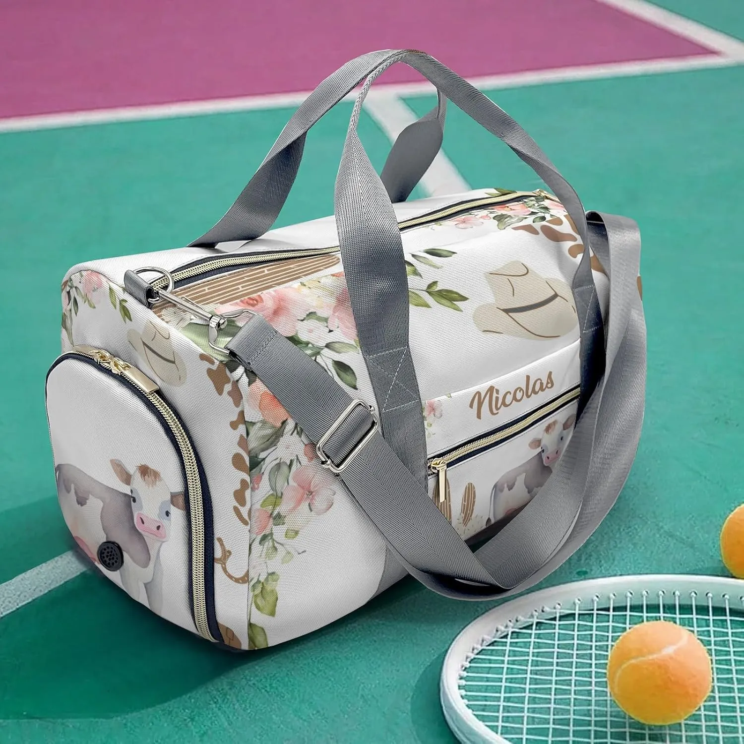 Personalized MultiFunction Flower West Cactus Cowboy Cow Sport Dance Bag,Custom Duffle Bag Gym Bag Customized Travel Duffel Bag with Name or Text