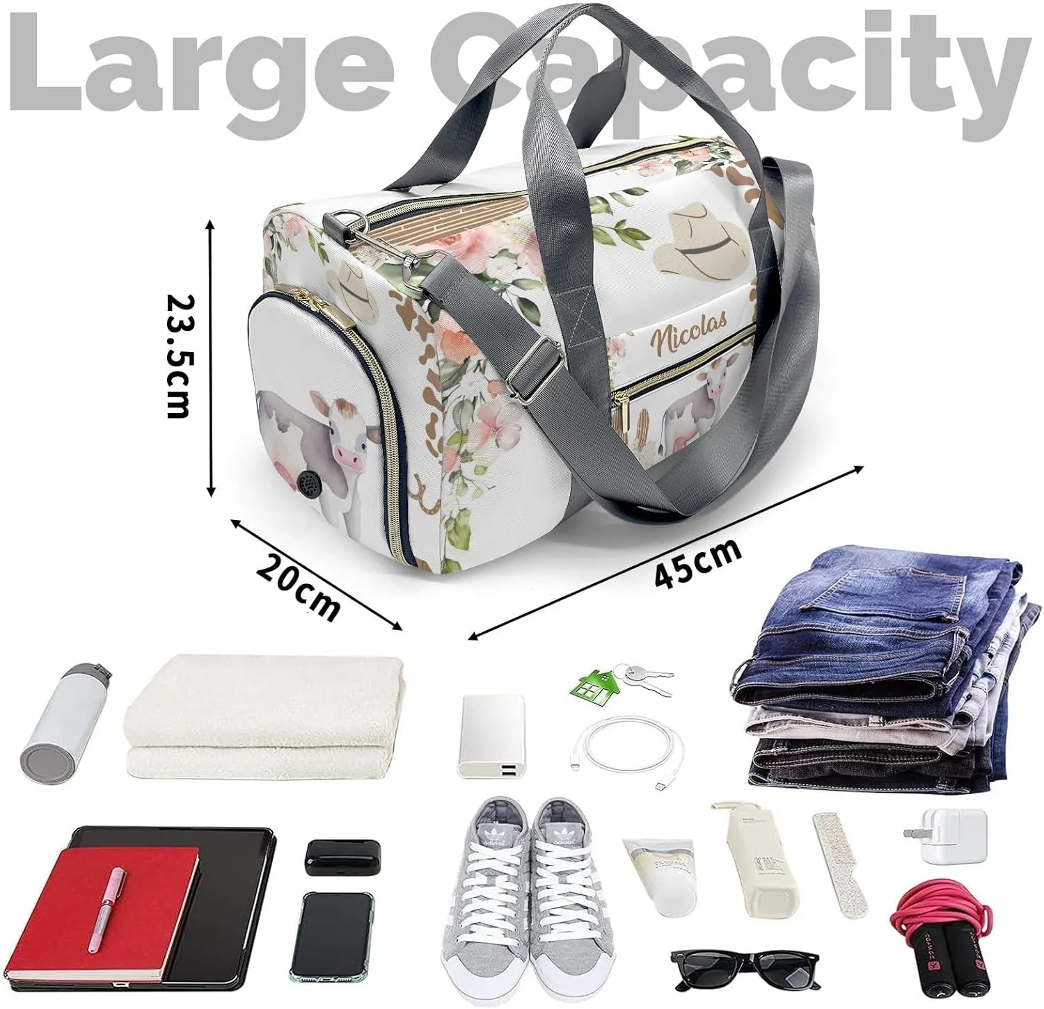 Personalized MultiFunction Flower West Cactus Cowboy Cow Sport Dance Bag,Custom Duffle Bag Gym Bag Customized Travel Duffel Bag with Name or Text