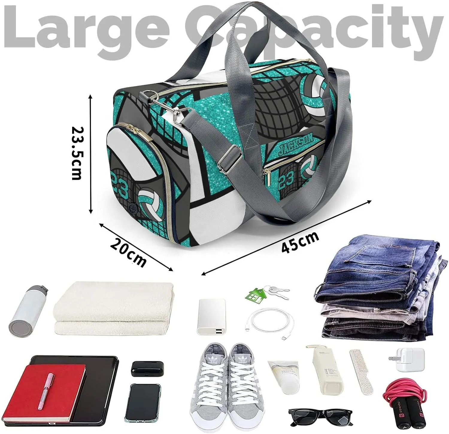 Personalized MultiFunction Gym Volleyball Player Turquoise Number Sport Dance Bag,Custom Duffle Bag Gym Bag Customized Travel Duffel Bag with Name or Text