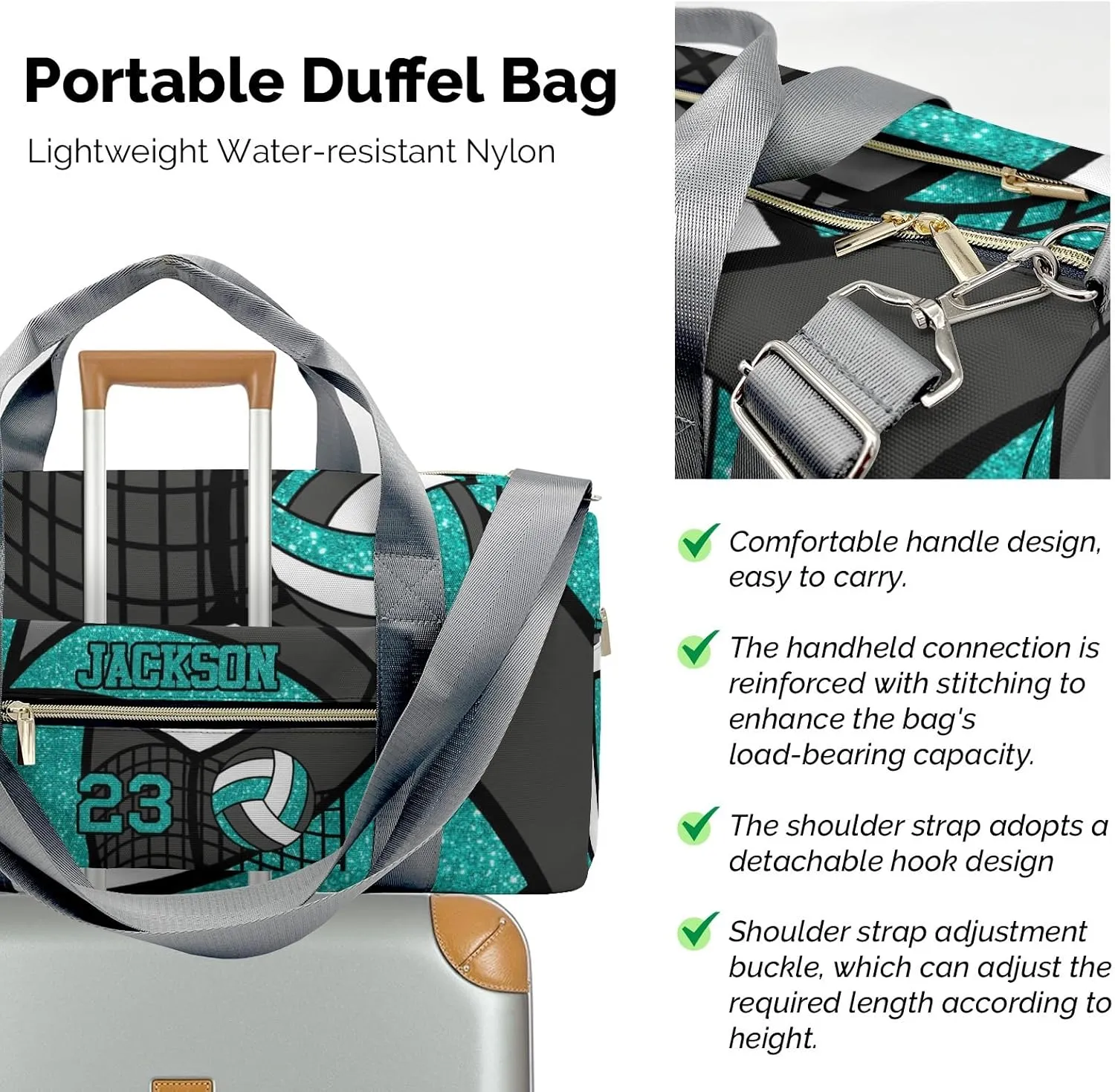 Personalized MultiFunction Gym Volleyball Player Turquoise Number Sport Dance Bag,Custom Duffle Bag Gym Bag Customized Travel Duffel Bag with Name or Text