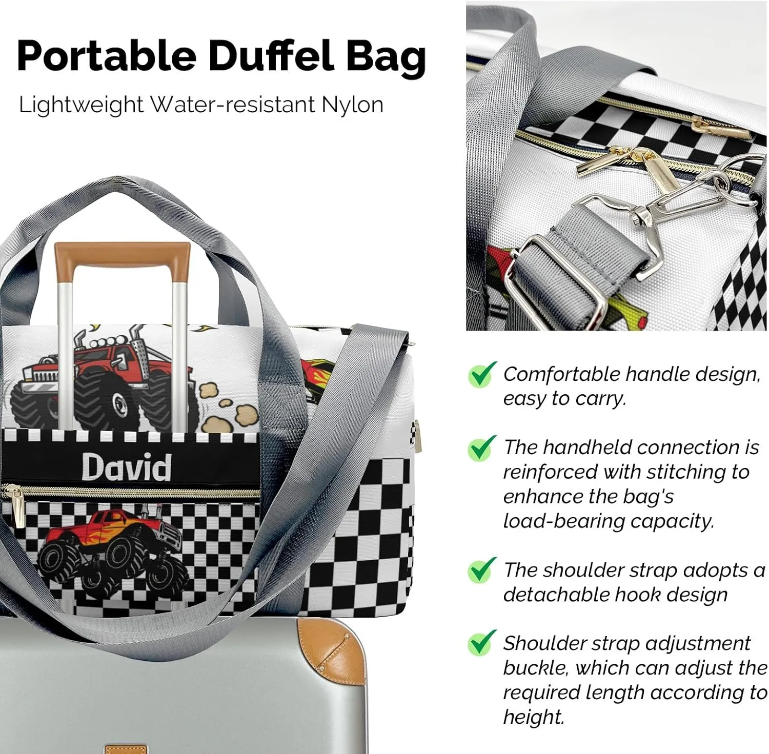 Personalized MultiFunction Monster Truck Check Kids Duffel Swim Bag for Boys,Customized Swim Duffle Bag for Boys Man Kids Gifts