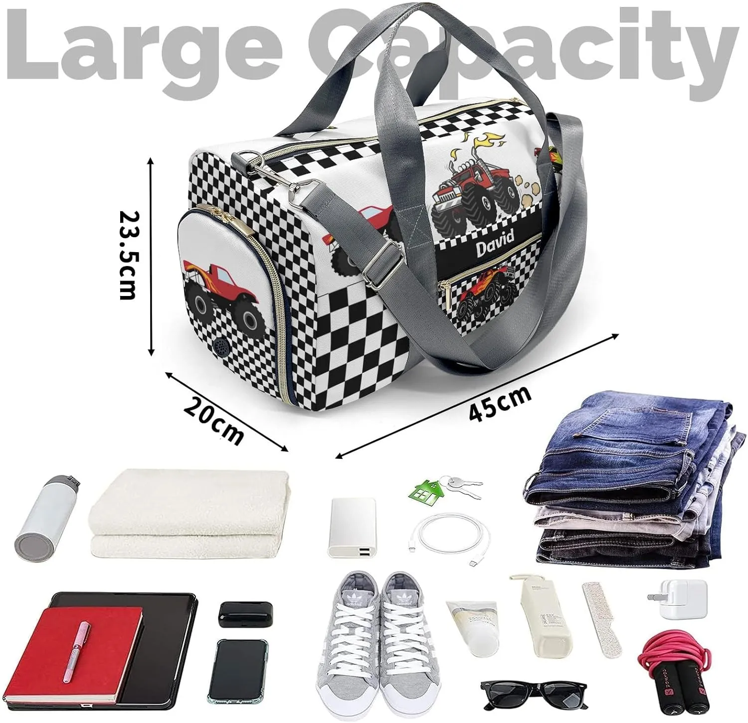 Personalized MultiFunction Monster Truck Check Kids Duffel Swim Bag for Boys,Customized Swim Duffle Bag for Boys Man Kids Gifts