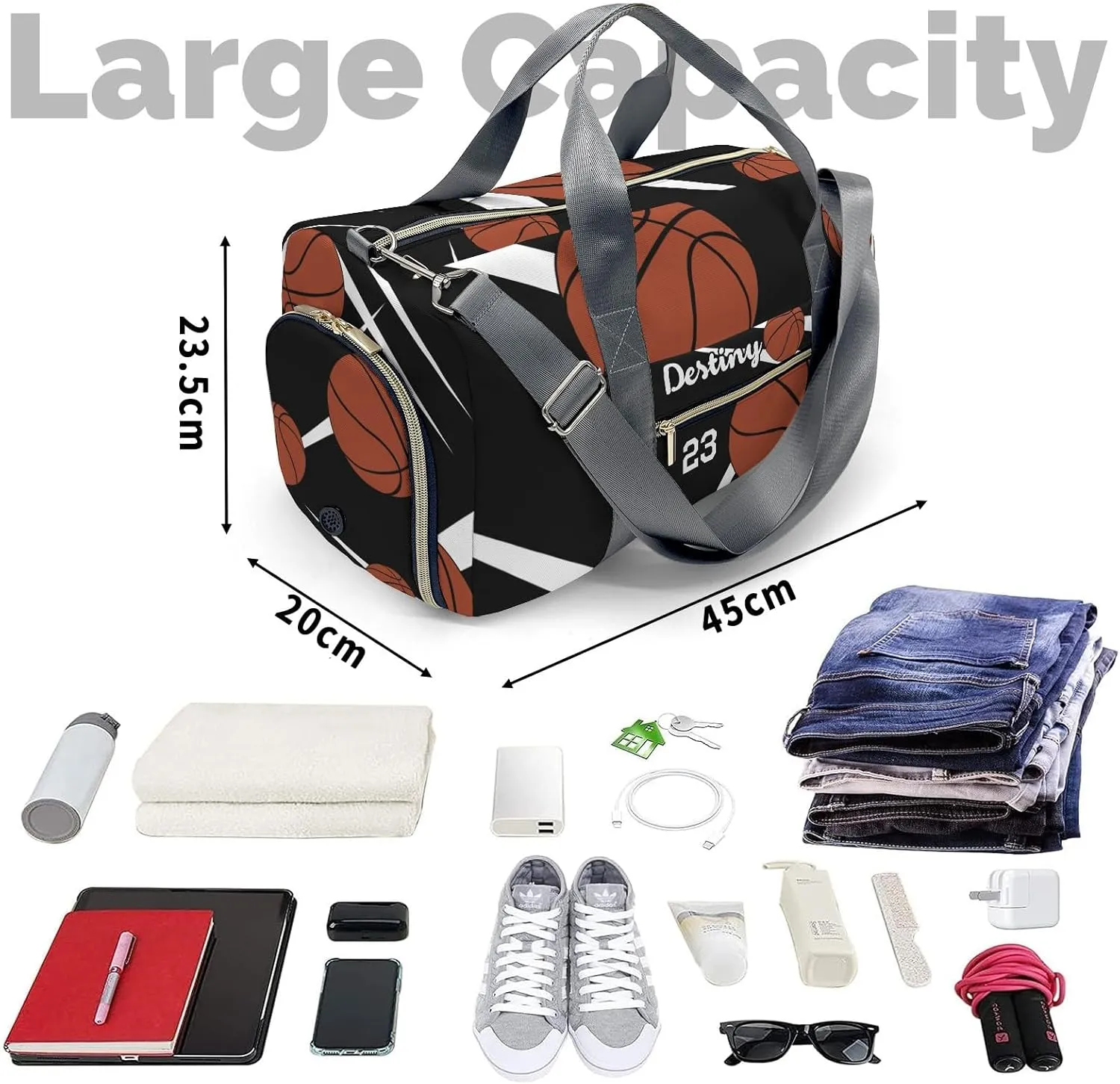 Personalized MultiFunction Number Sport Basketball Player Team Black Sport Dance Bag,Custom Duffle Bag Gym Bag Customized Travel Duffel Bag with Name or Text