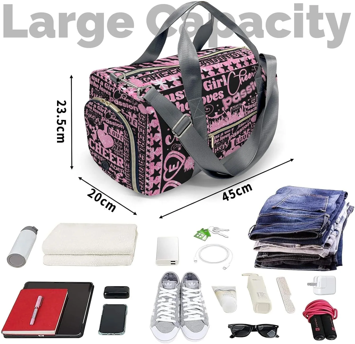 Personalized Name Sports Duffel Bags Love Cheerleading Star Coach Pom Gymnastics Travel Perform Training Casual Bag