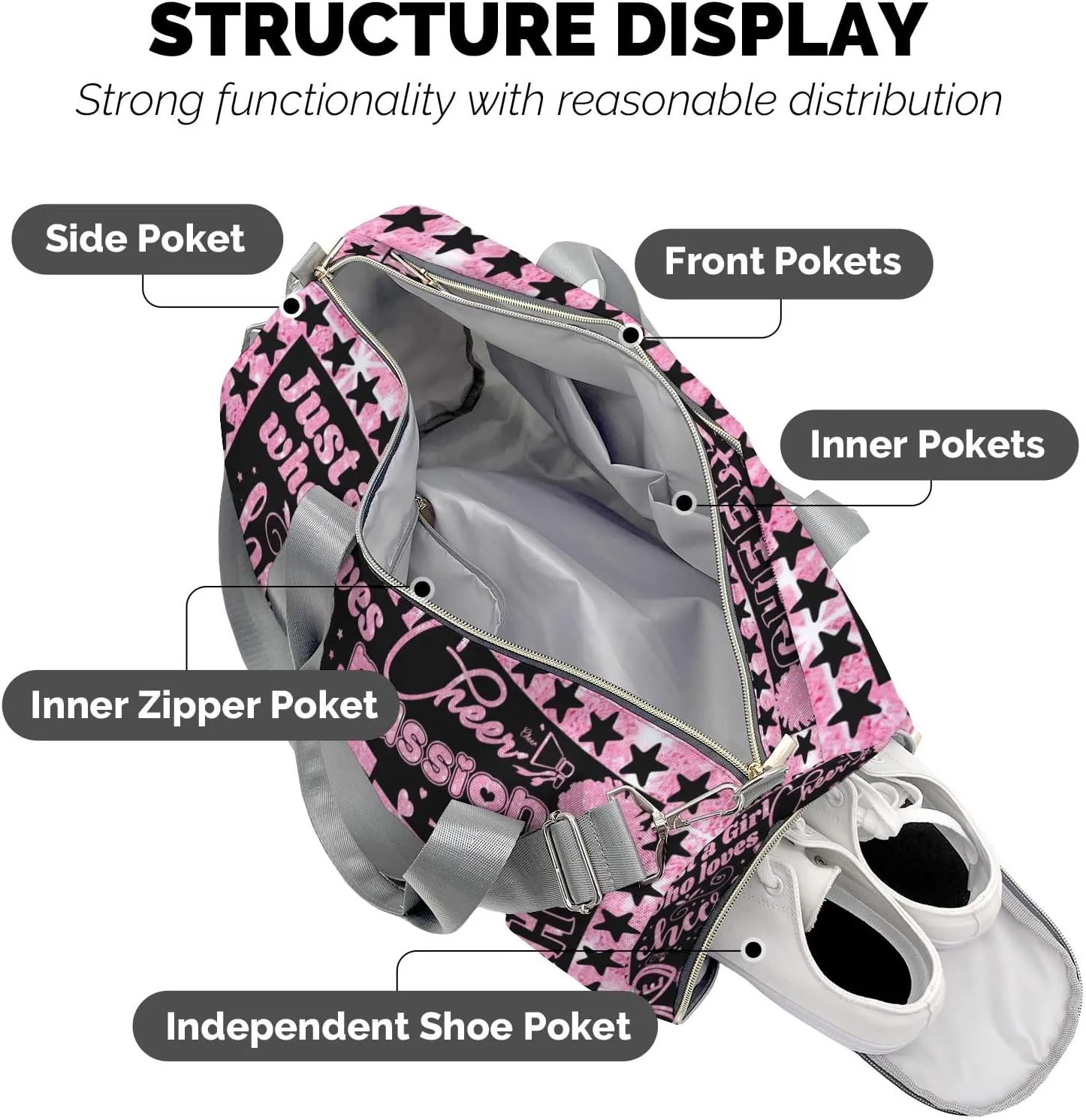 Personalized Name Sports Duffel Bags Love Cheerleading Star Coach Pom Gymnastics Travel Perform Training Casual Bag