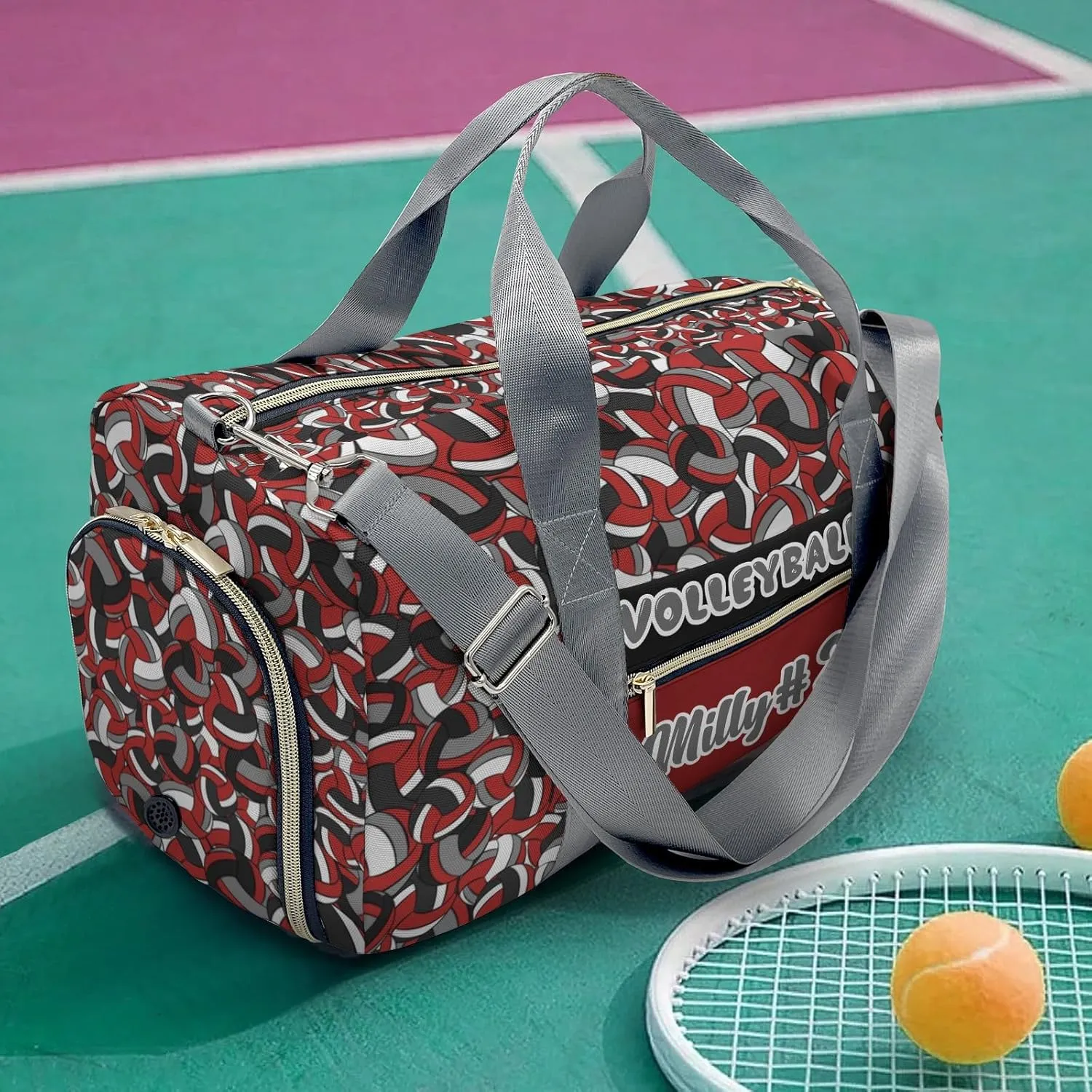Personalized Name Sports Player Duffel Bags Volleyball Red Maroon Gray Black Travel Perform Training Casual Bag Student