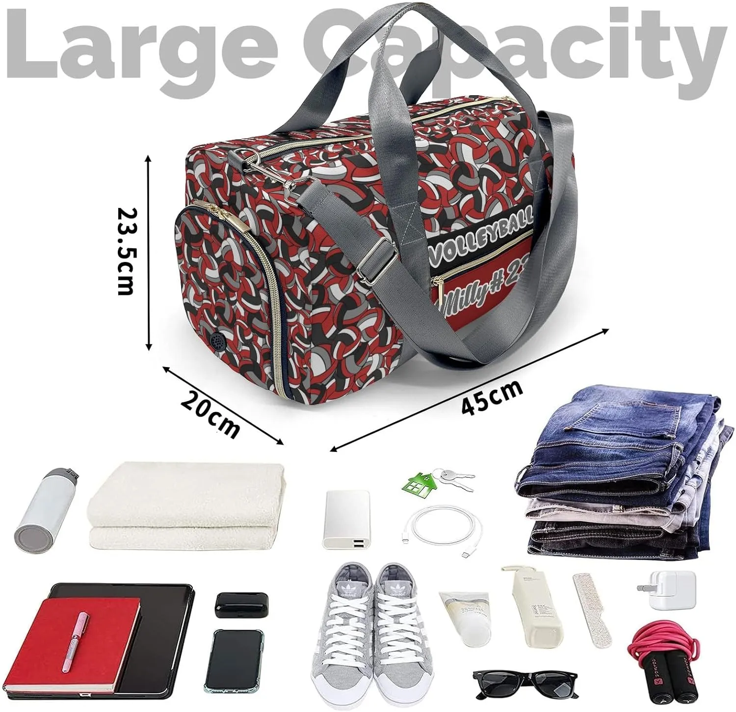Personalized Name Sports Player Duffel Bags Volleyball Red Maroon Gray Black Travel Perform Training Casual Bag Student