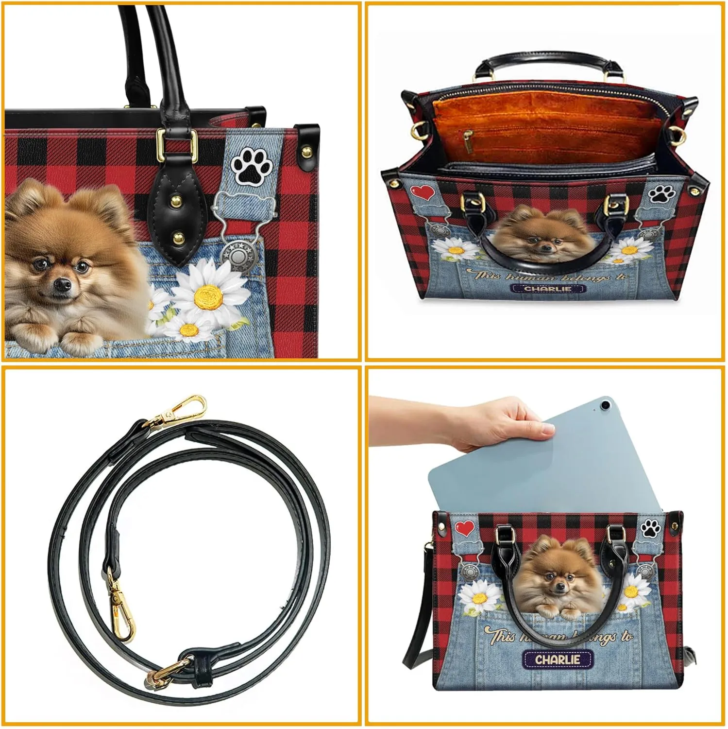 Personalized Pomeranian Dog Handbags, Custom Name Dog Leather Bags, Purses, Shoulder Bag, Gift For Dog Mom Dog Lover