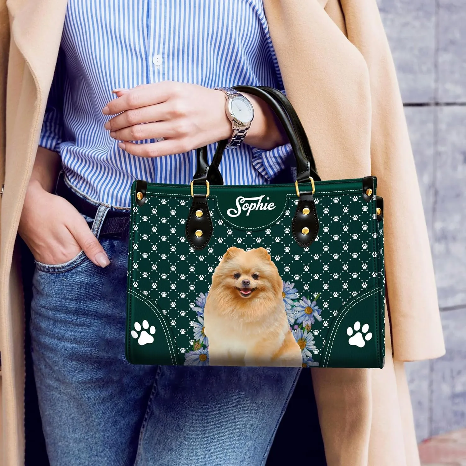 Personalized Pomeranian Dog Handbags, Custom Name Dog Leather Bags, Purses, Shoulder Bag, Gift For Dog Mom Dog Lover