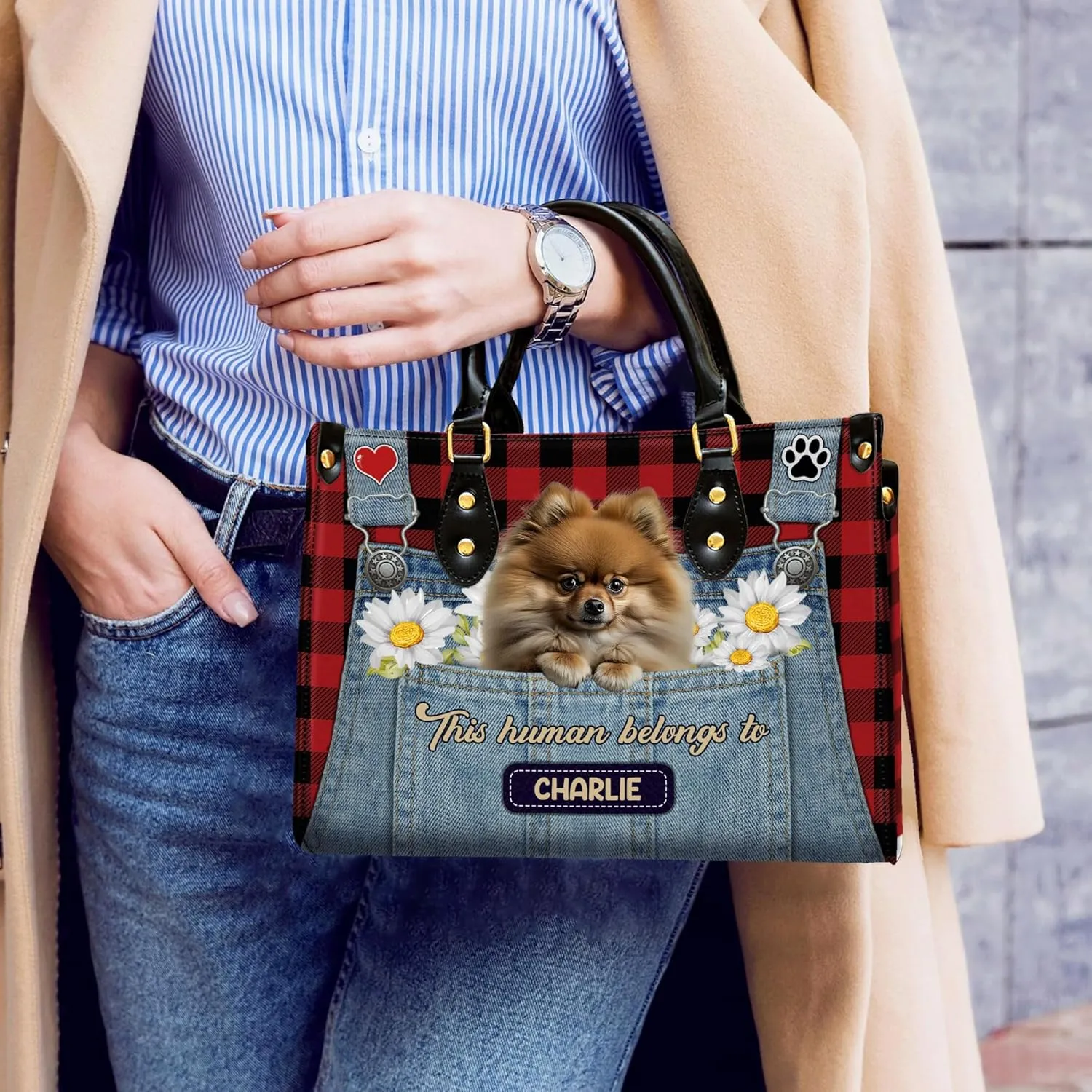 Personalized Pomeranian Dog Handbags, Custom Name Dog Leather Bags, Purses, Shoulder Bag, Gift For Dog Mom Dog Lover