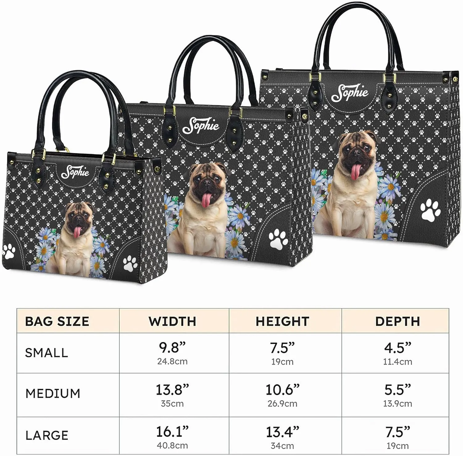 Personalized Pug Dog Handbags, Custom Name Dog Leather Bags, Purses, Shoulder Bag, Gift For Dog Mom Dog Lover