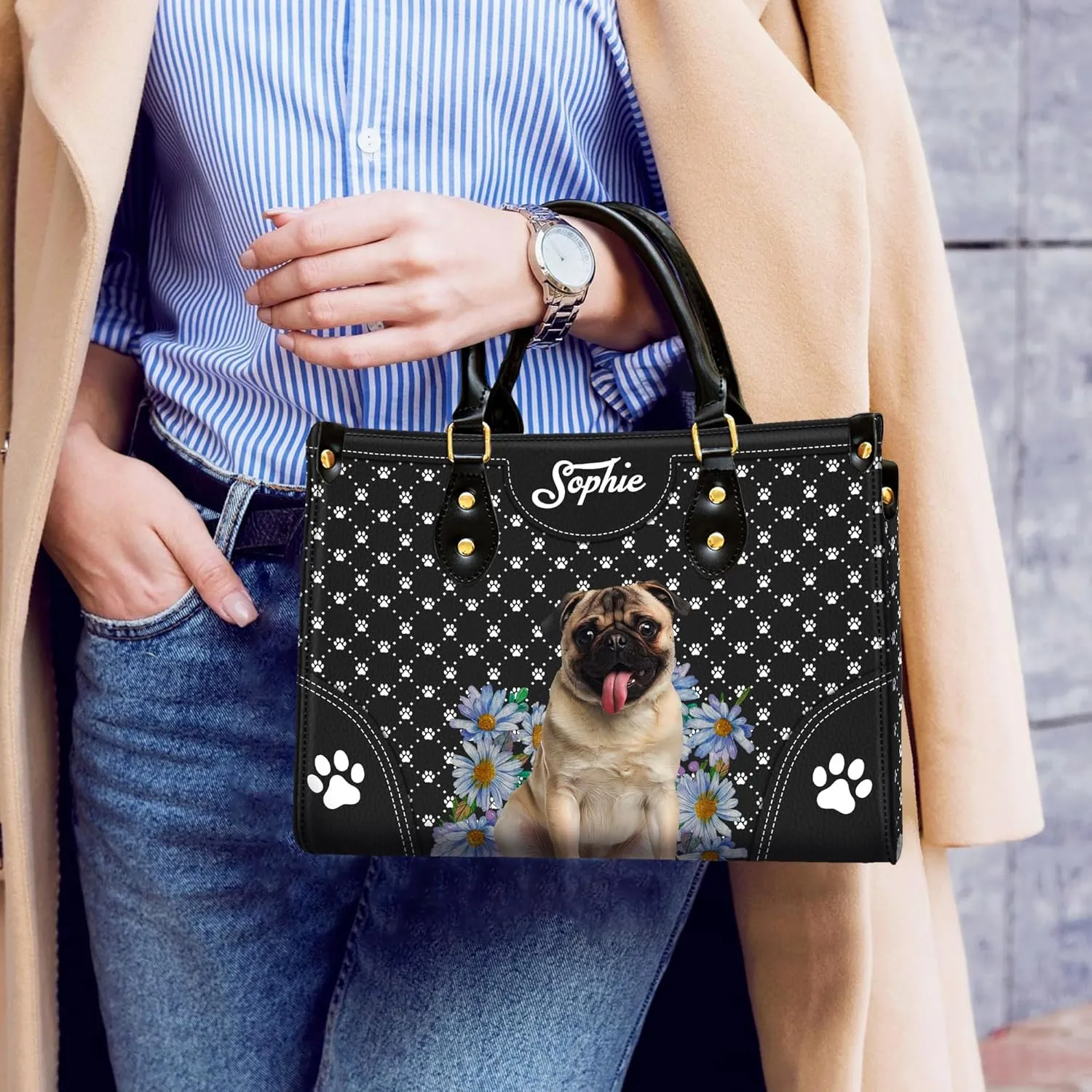 Personalized Pug Dog Handbags, Custom Name Dog Leather Bags, Purses, Shoulder Bag, Gift For Dog Mom Dog Lover