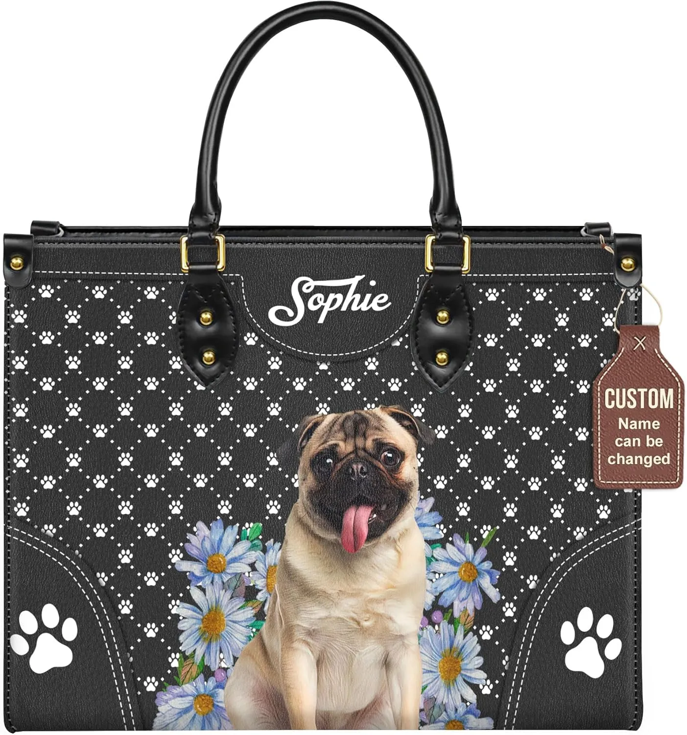 Personalized Pug Dog Handbags, Custom Name Dog Leather Bags, Purses, Shoulder Bag, Gift For Dog Mom Dog Lover