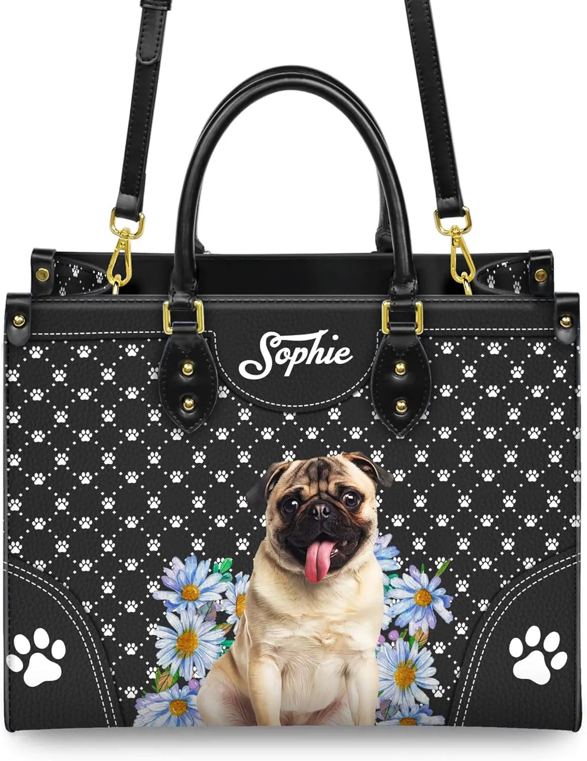Personalized Pug Dog Handbags, Custom Name Dog Leather Bags, Purses, Shoulder Bag, Gift For Dog Mom Dog Lover