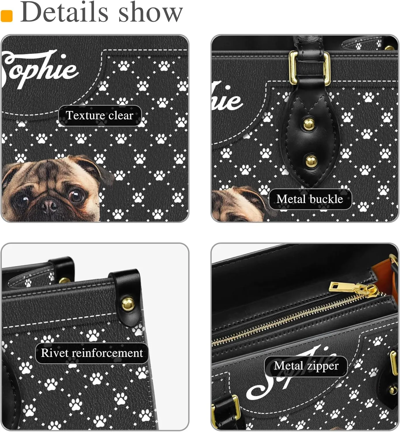 Personalized Pug Dog Handbags, Custom Name Dog Leather Bags, Purses, Shoulder Bag, Gift For Dog Mom Dog Lover