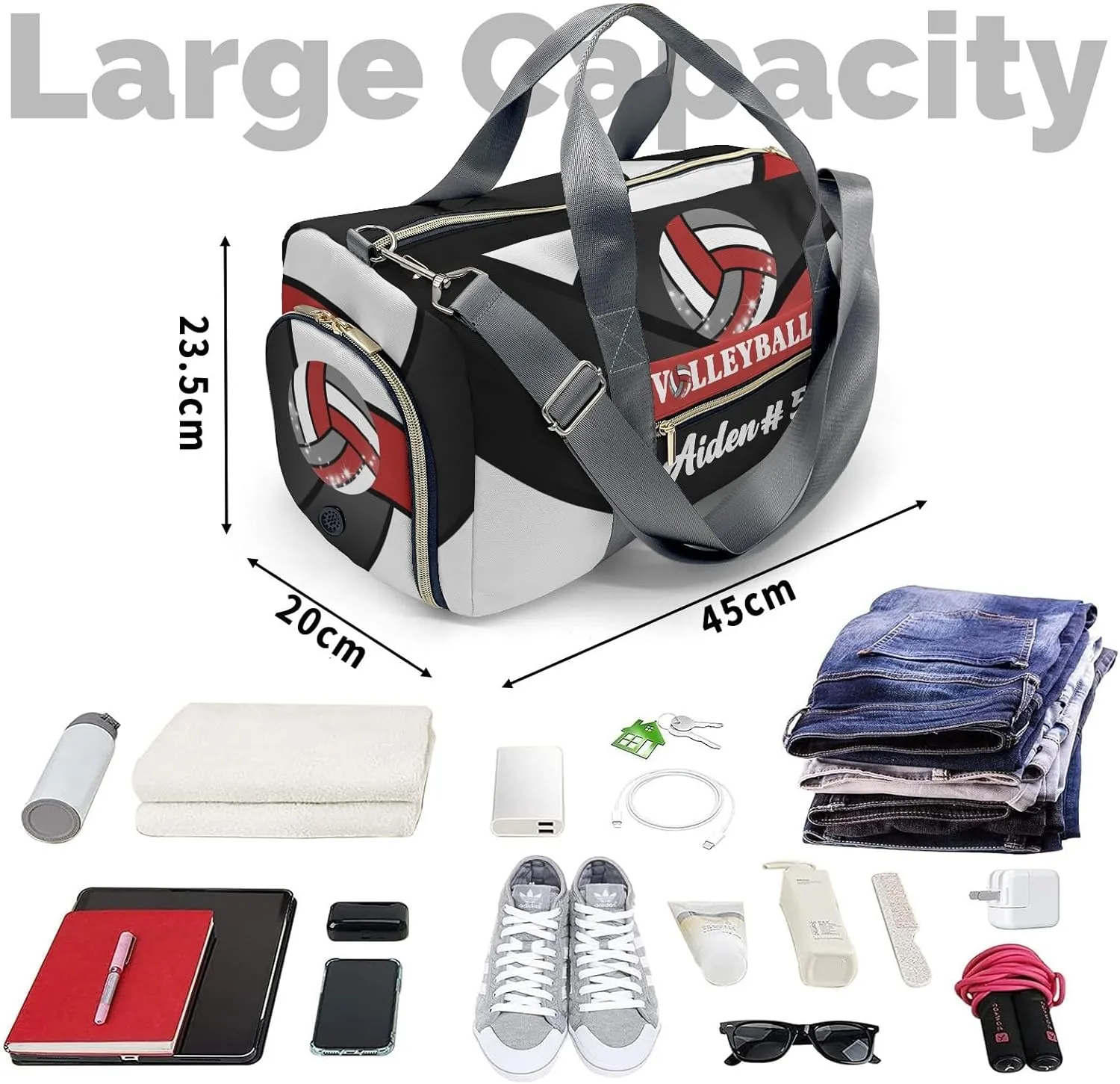 Personalized Red Volleyball Duffle Bag with Name for Women Girl Custom Travel Perform Training Bag
