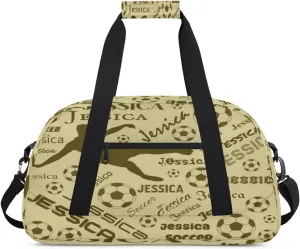 Personalized Soccer Sports Duffel Bag for Women, Custom Travel Gym Bags Birthday Gifts with Your Name, Cheer Dance Overnight Weekender Bag Brown