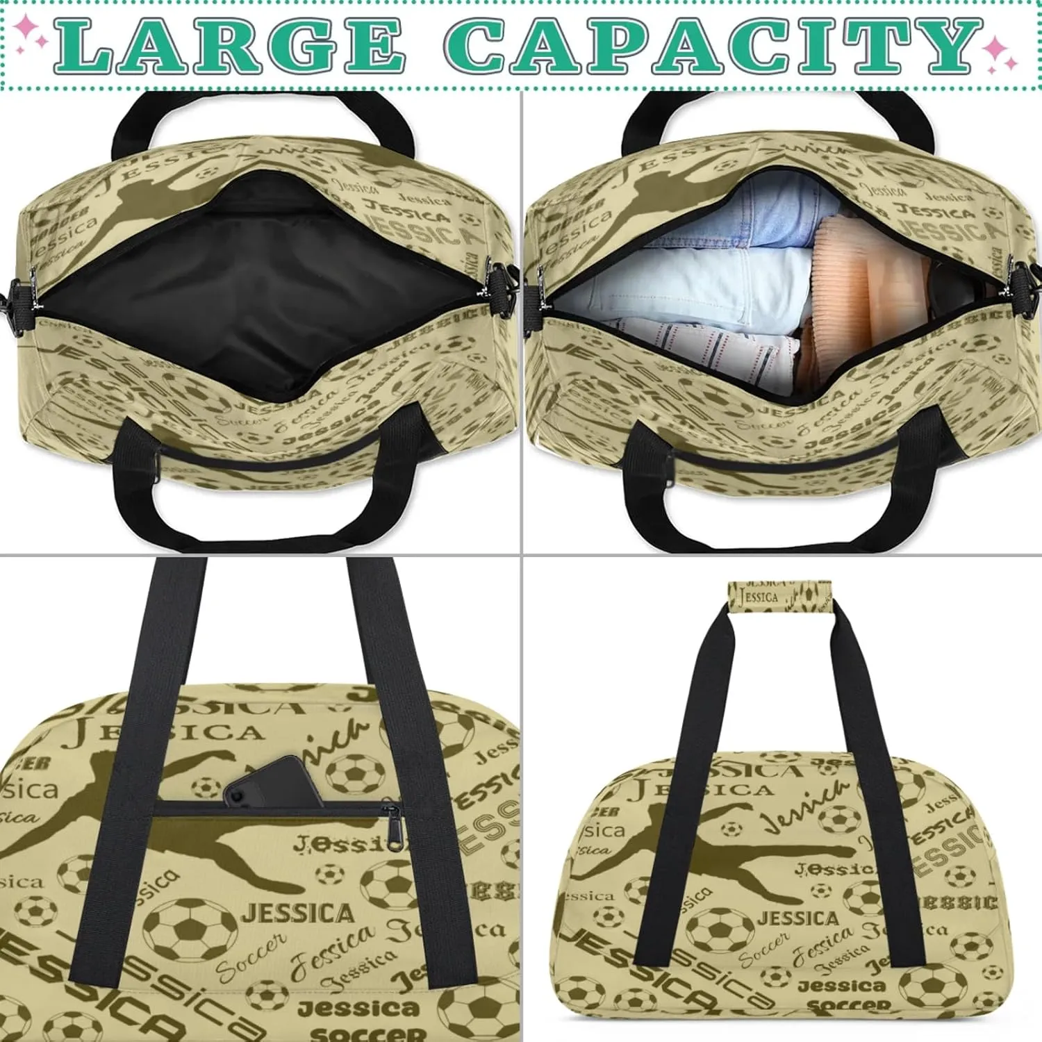 Personalized Soccer Sports Duffel Bag for Women, Custom Travel Gym Bags Birthday Gifts with Your Name, Cheer Dance Overnight Weekender Bag Brown